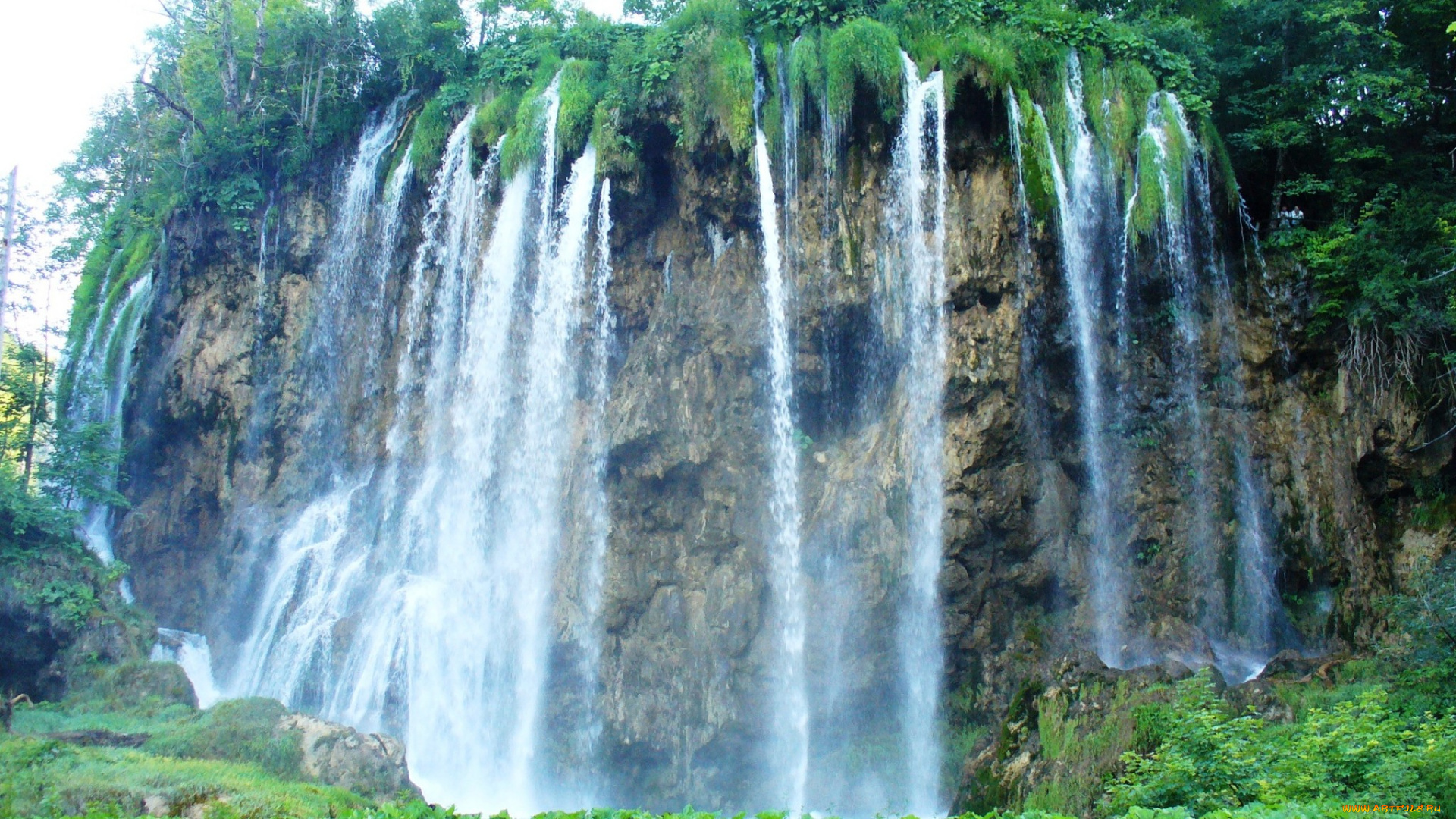 природа, водопады, скала, водопад, зелень