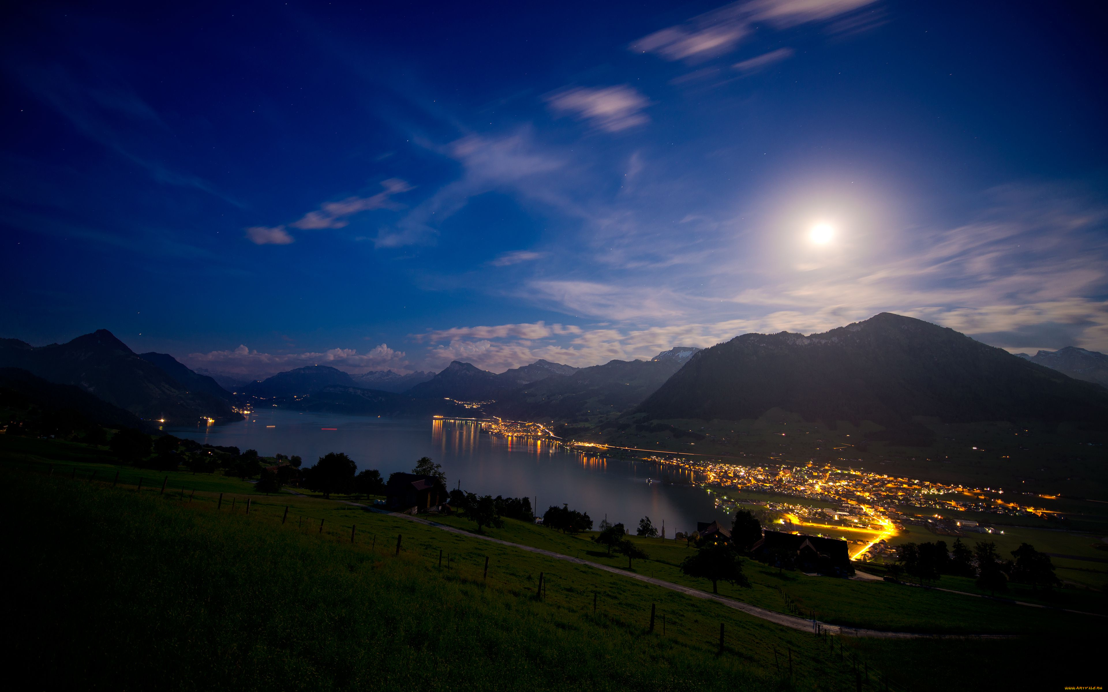 lake, lucerne, switzerland, природа, пейзажи, швейцария, озеро, горы, ночь