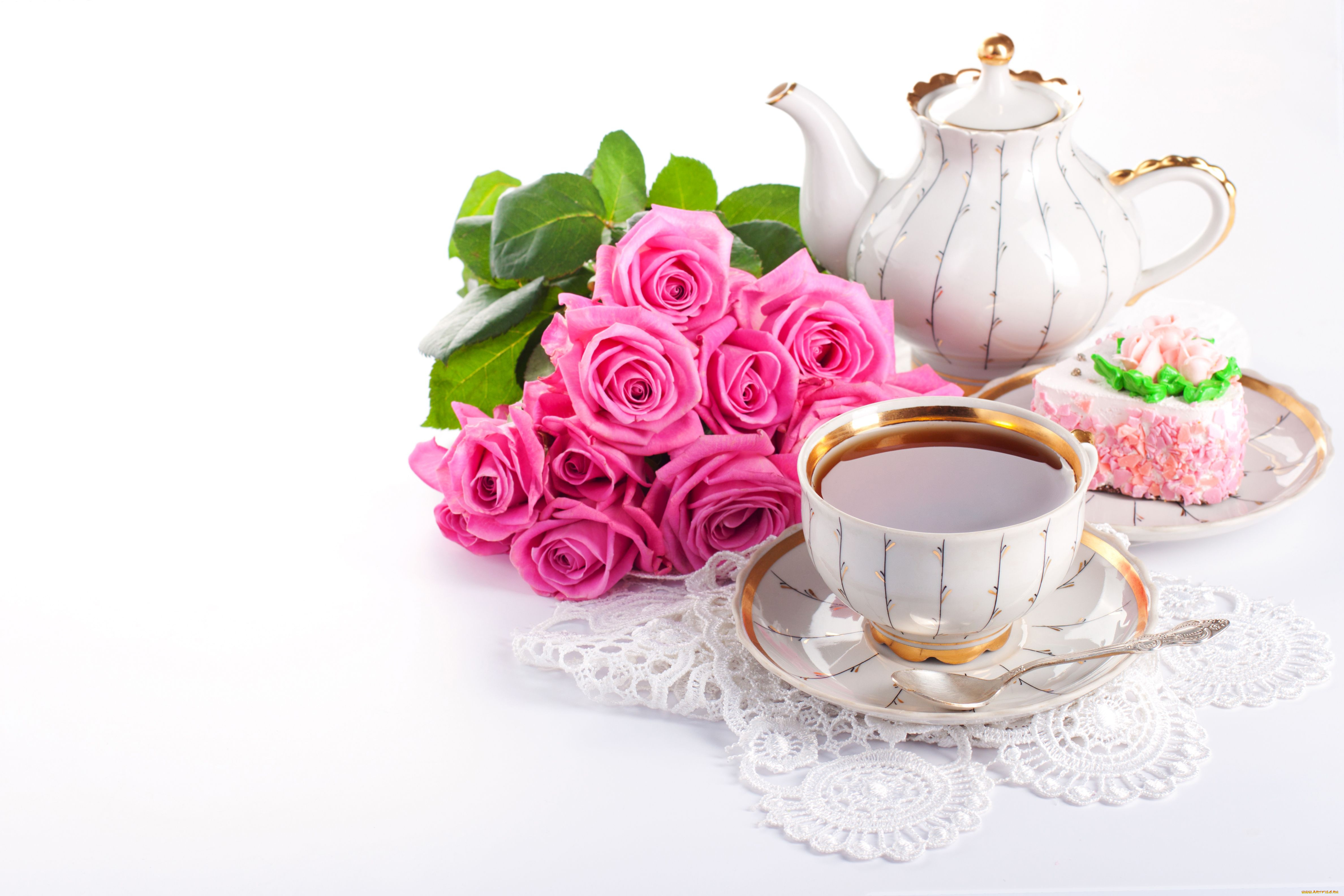 еда, напитки, Чай, чай, розы, цветы, пирожное, чашка, чайник