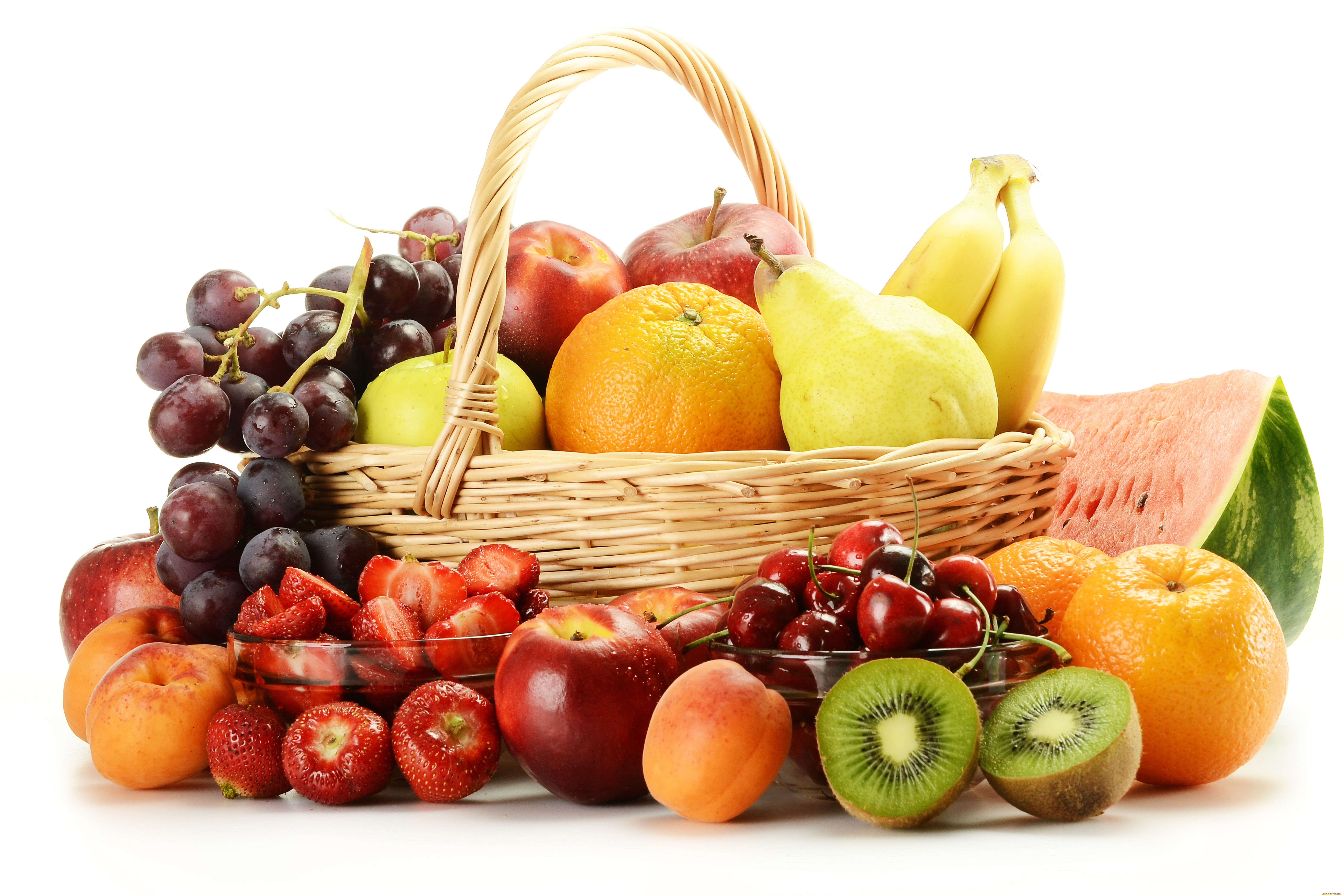 еда, фрукты, ягоды, киви, виноград, яблоки, груши, абрикосы, арбуз, бананы, апельсины, черешня, клубника, корзинка