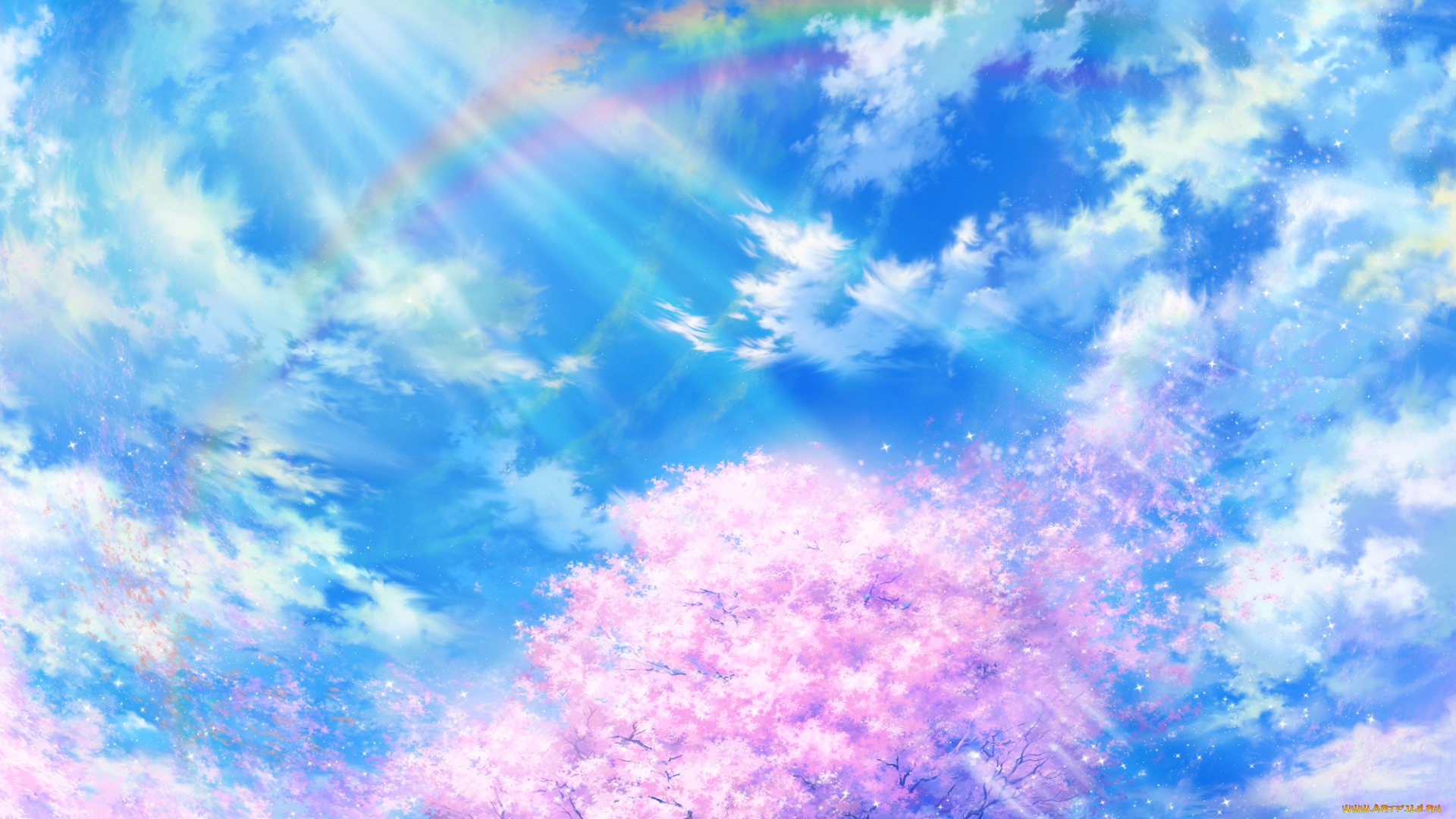 аниме, unknown, , другое, арт, iy, tujiki, дерево, весна, природа, облака, сакура, солнце, лучи, небо