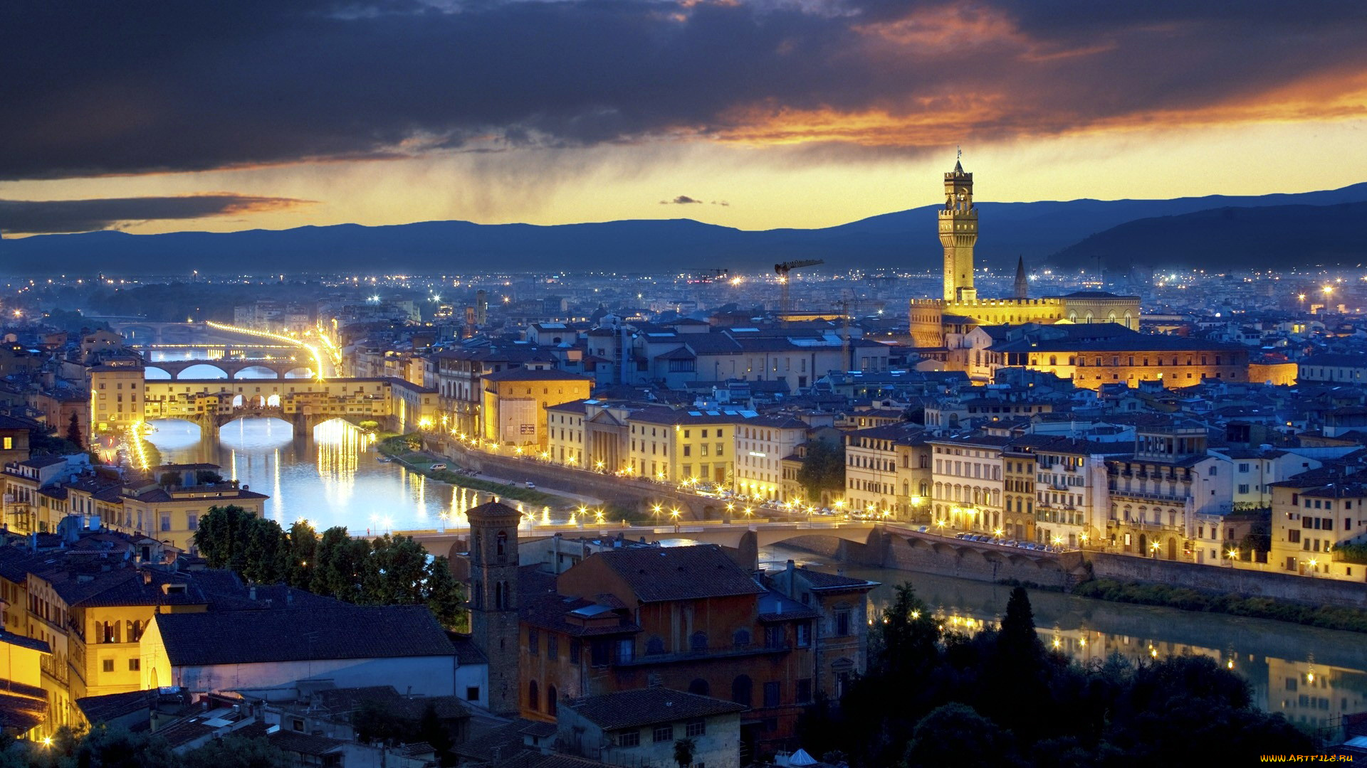 города, флоренция, , италия, огни, вечер, панорама, мосты, река