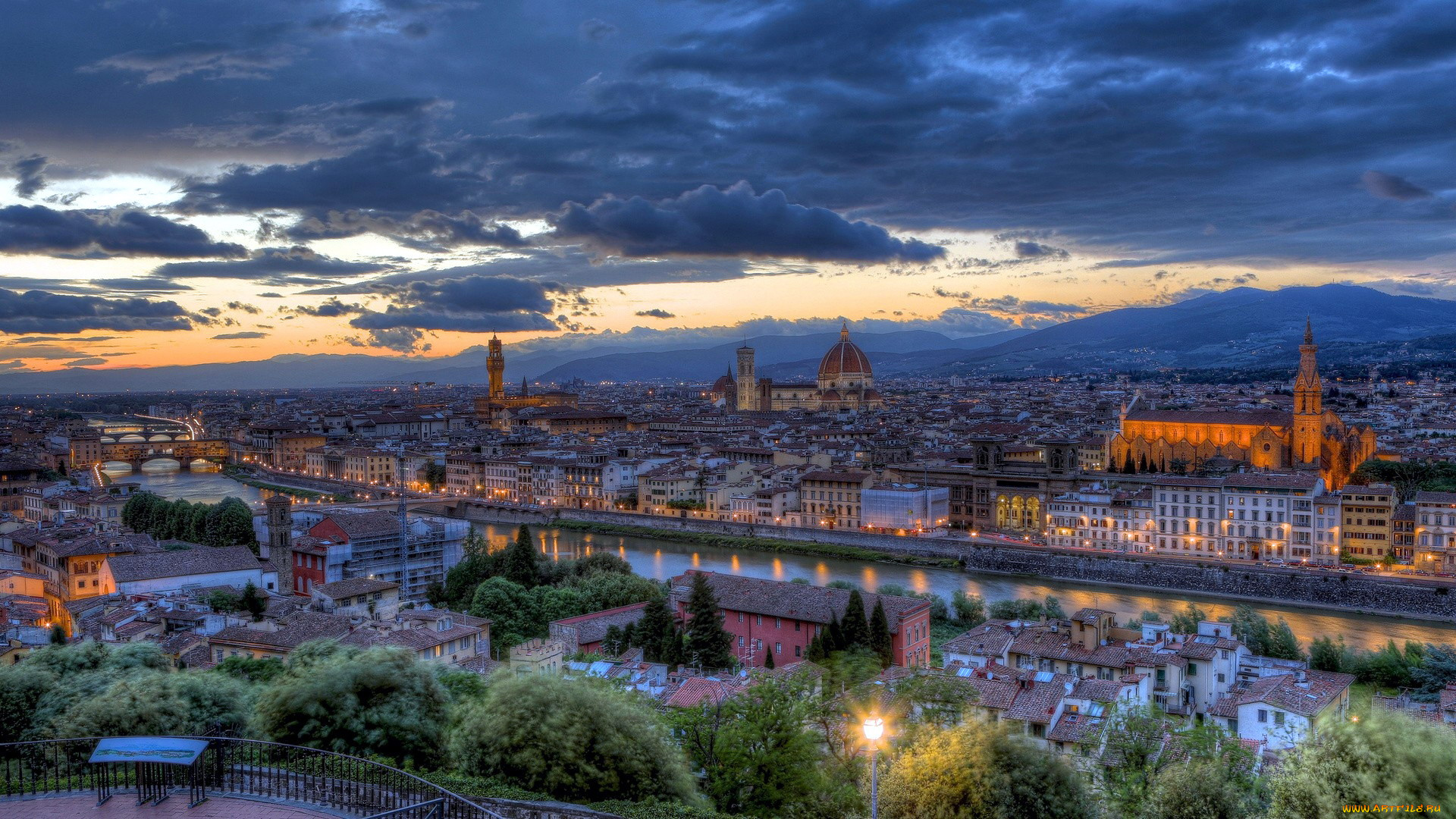 города, флоренция, , италия, река, панорама, облака