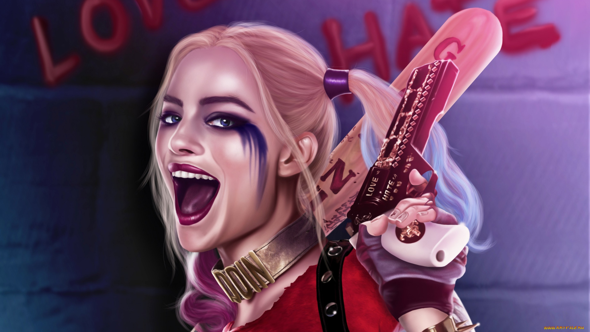 рисованное, кино, злодей, пистолет, девушка, art, harley, quinn, suicide, squad, margot, robbie