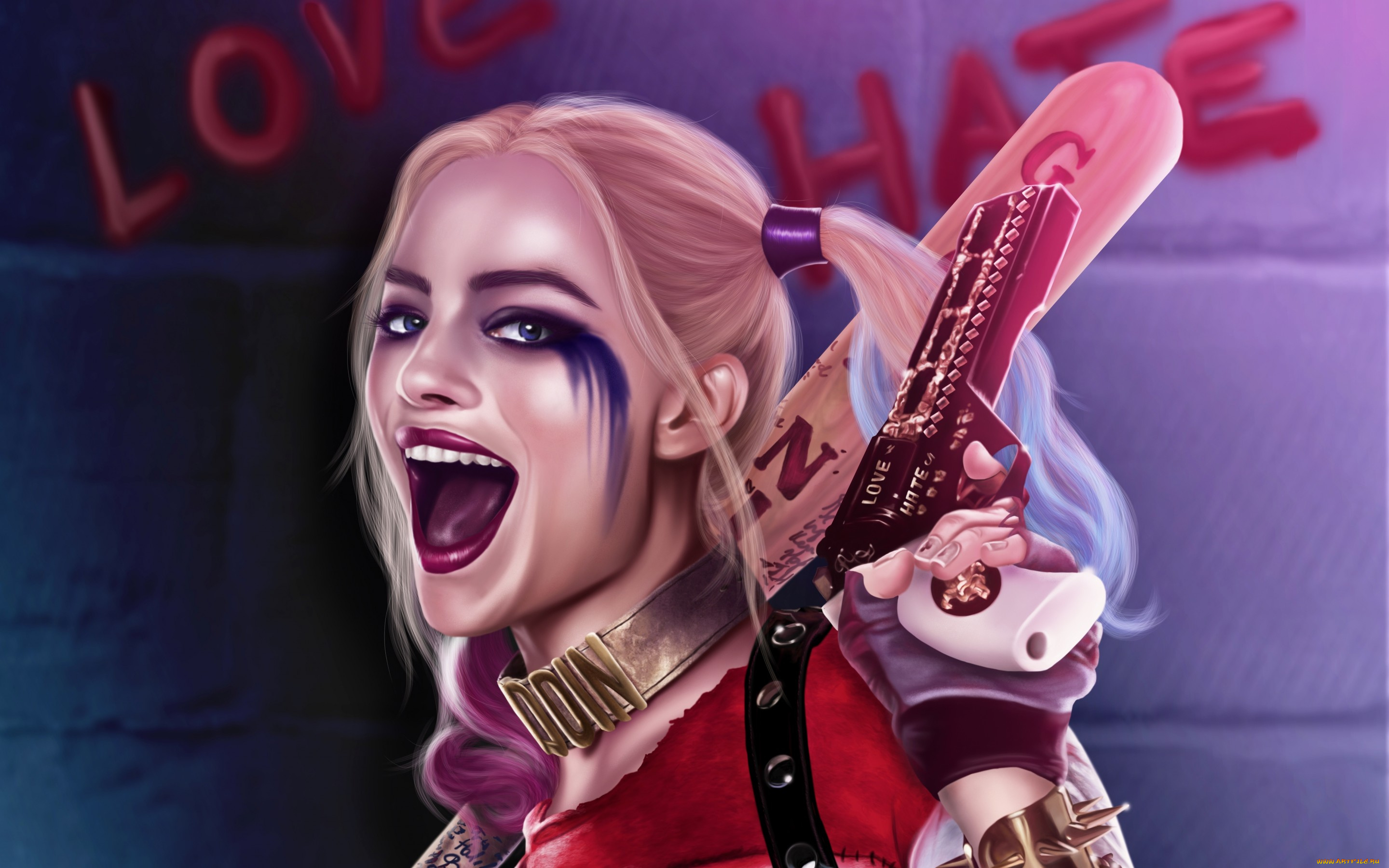 рисованное, кино, злодей, пистолет, девушка, art, harley, quinn, suicide, squad, margot, robbie