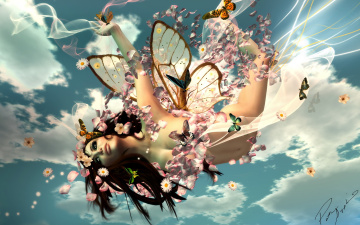 Картинка 3д графика fantasy фантазия цветы бабочки рендеринг девушка