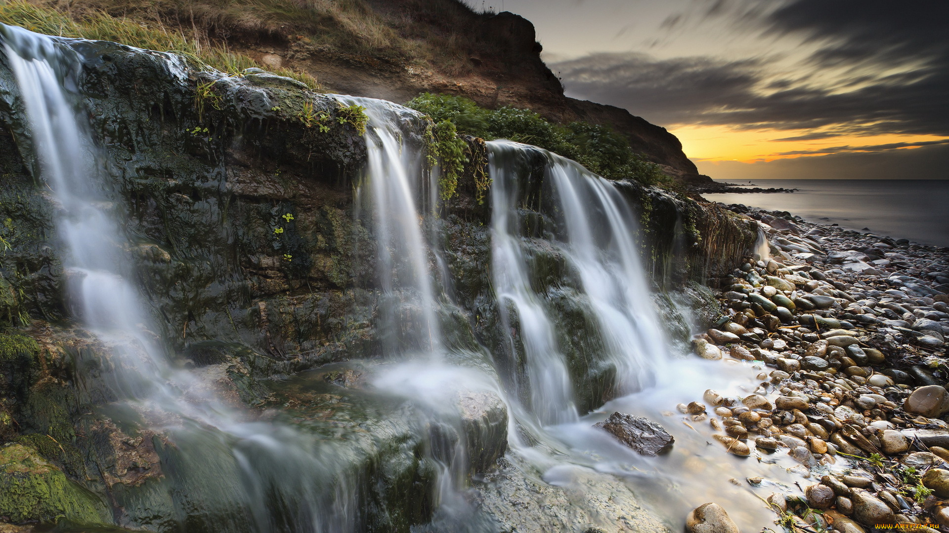 природа, водопады, osmington, mills, waterfall, jurassic, coast, dorset, sunrise, sunset