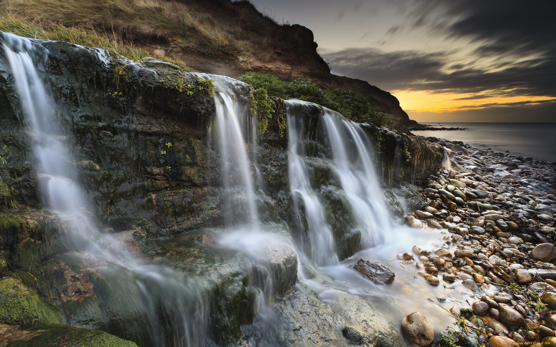 природа, водопады, osmington, mills, waterfall, jurassic, coast, dorset, sunrise, sunset