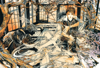 Картинка разное арты манга ayumi kasai art руки видения призраки духи деревья окна комната парень