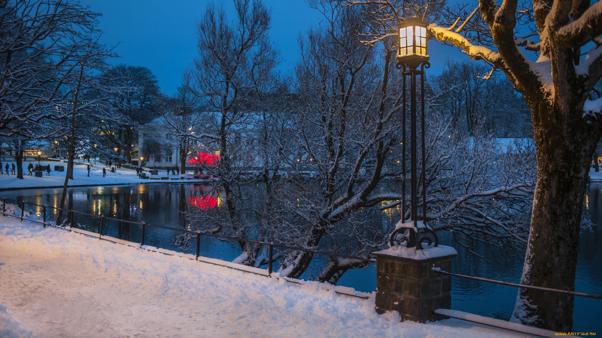 норвегия, города, -, пейзажи, деревья, снег, водоем, фонарь, здание, люди