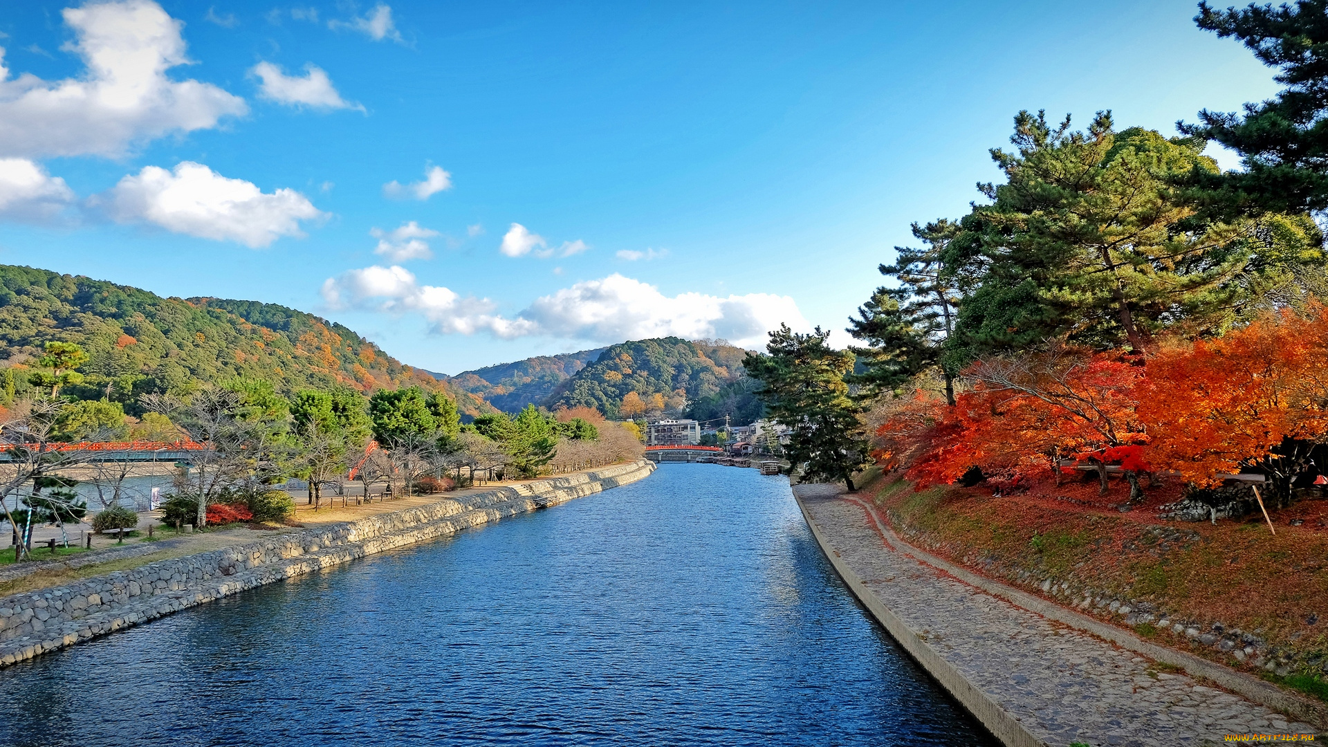 Япония, природа, реки, озера, облака, горы, деревья, водоем