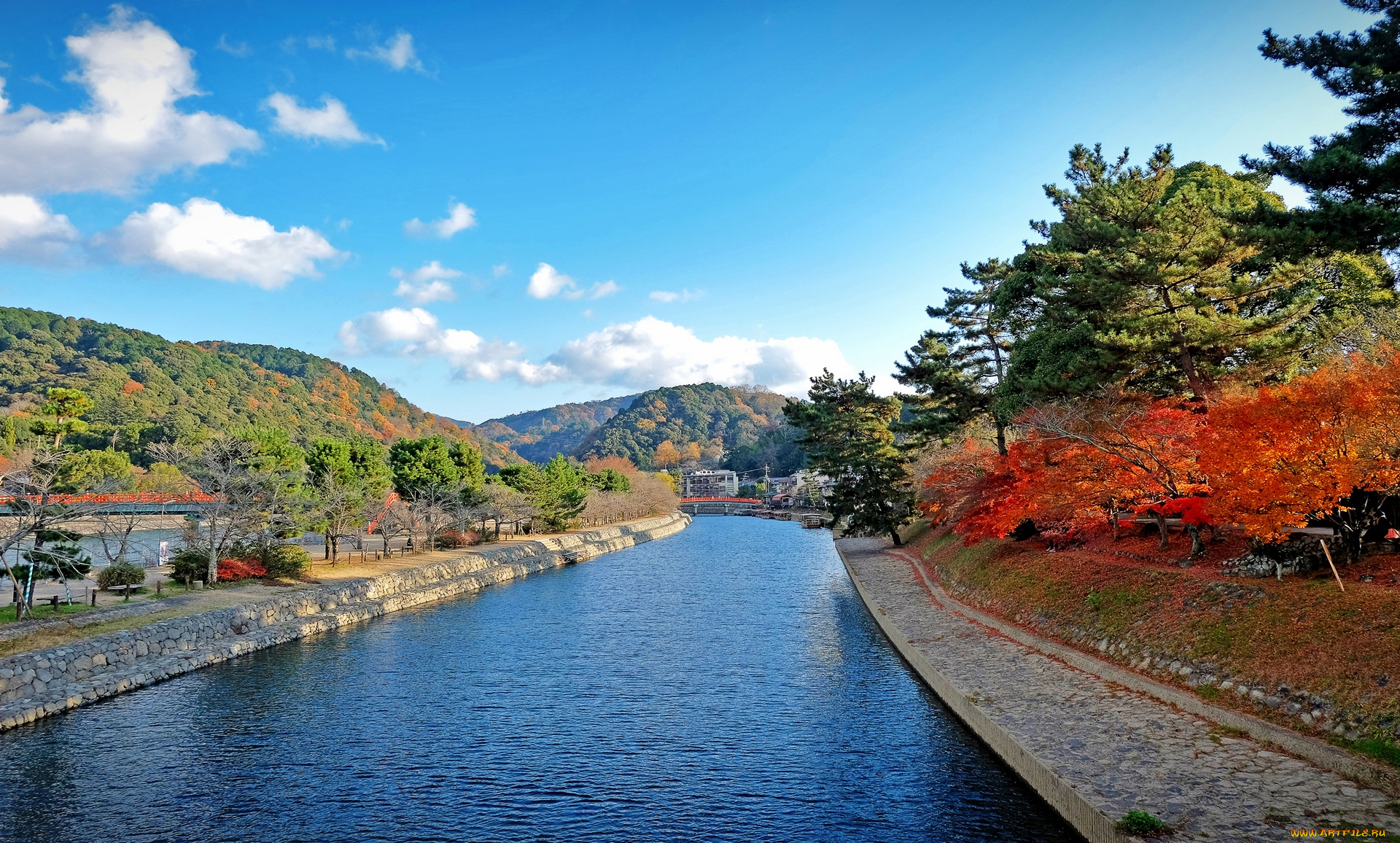 Япония, природа, реки, озера, облака, горы, деревья, водоем