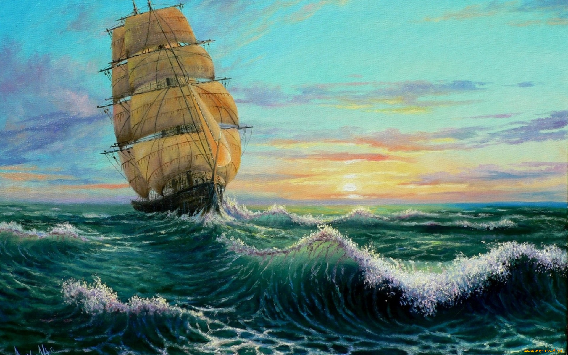 корабли, рисованные, брызги, волны, парусник, водоем, облака