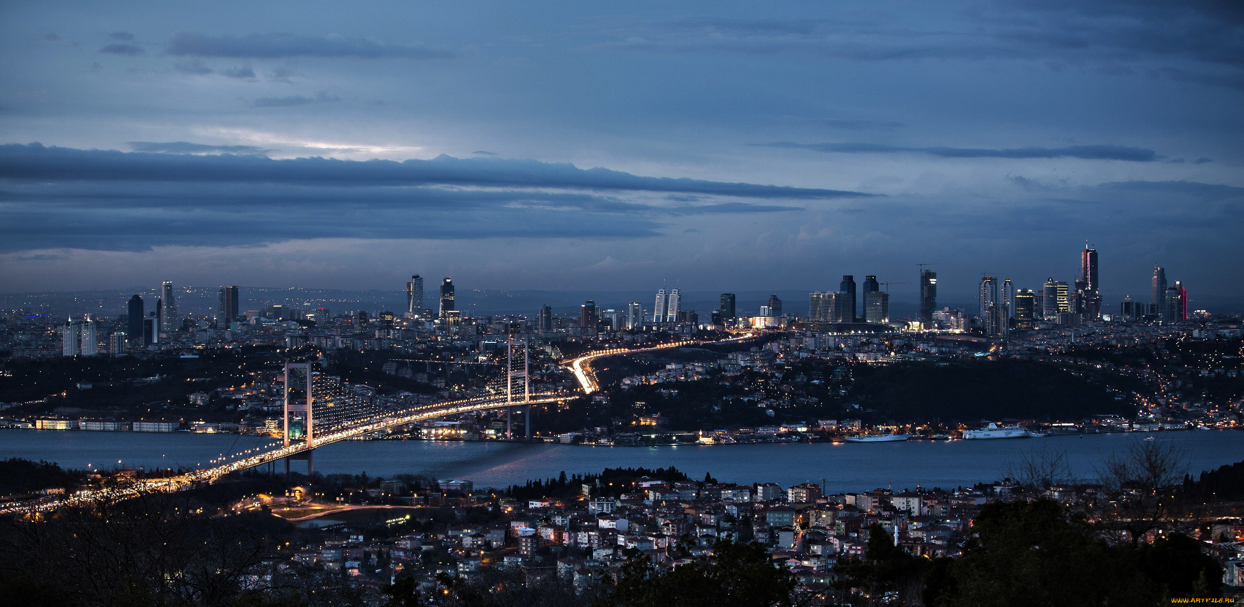 города, стамбул, , турция, огни, ночь, мост