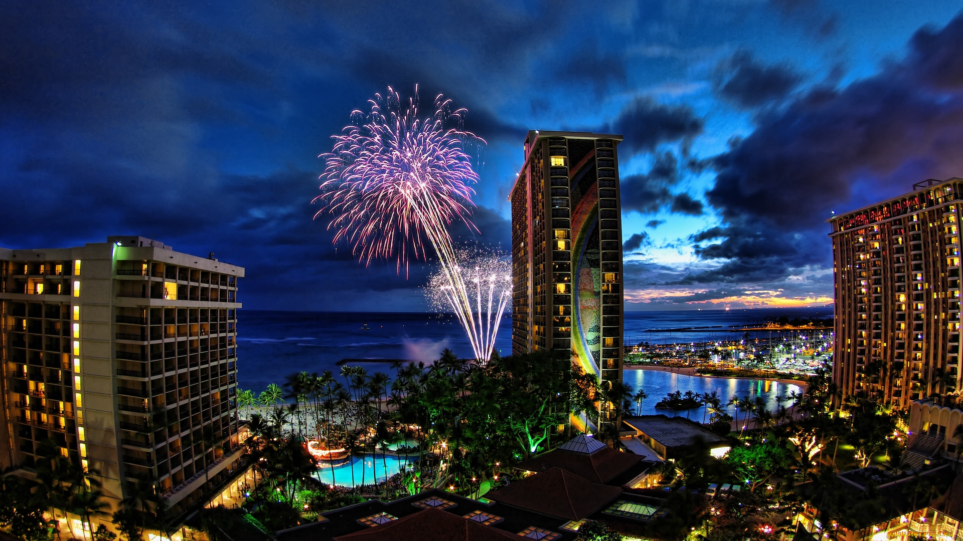 города, огни, ночного, waikiki, honolulu, hawaii