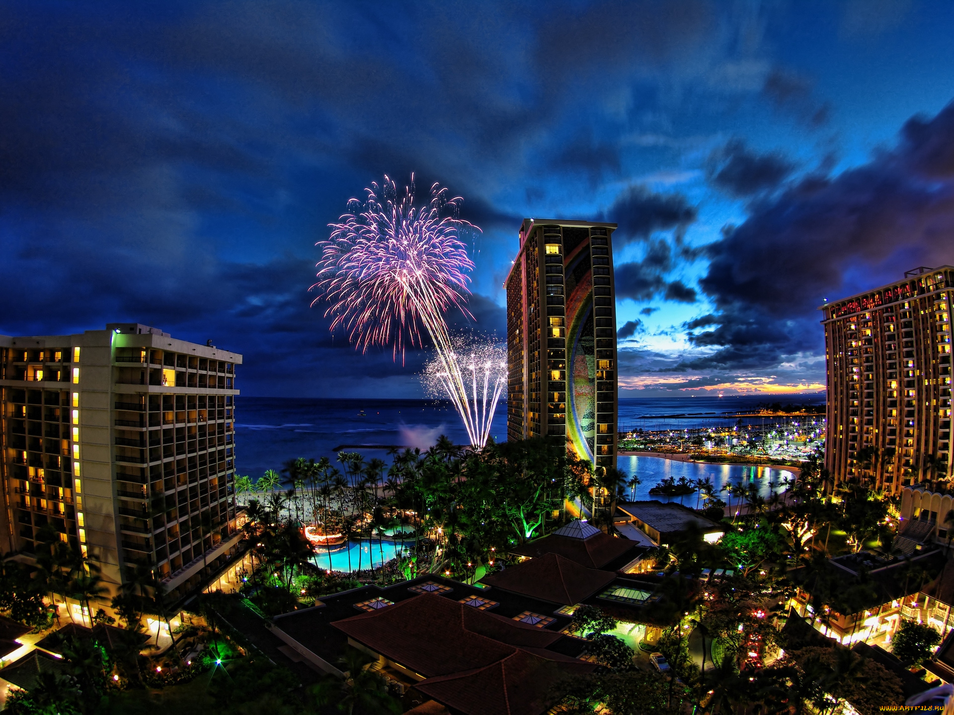 города, огни, ночного, waikiki, honolulu, hawaii