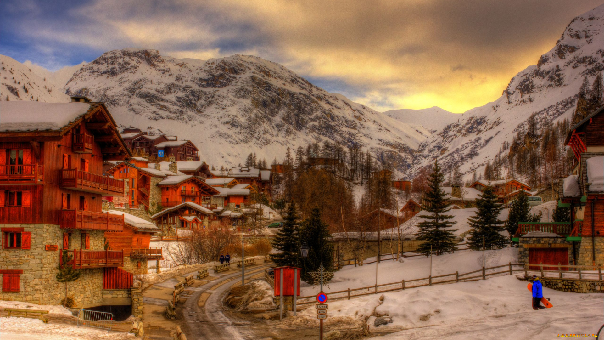 alps, france, города, пейзажи, дорога, альпы, здания, зима, дома, горы