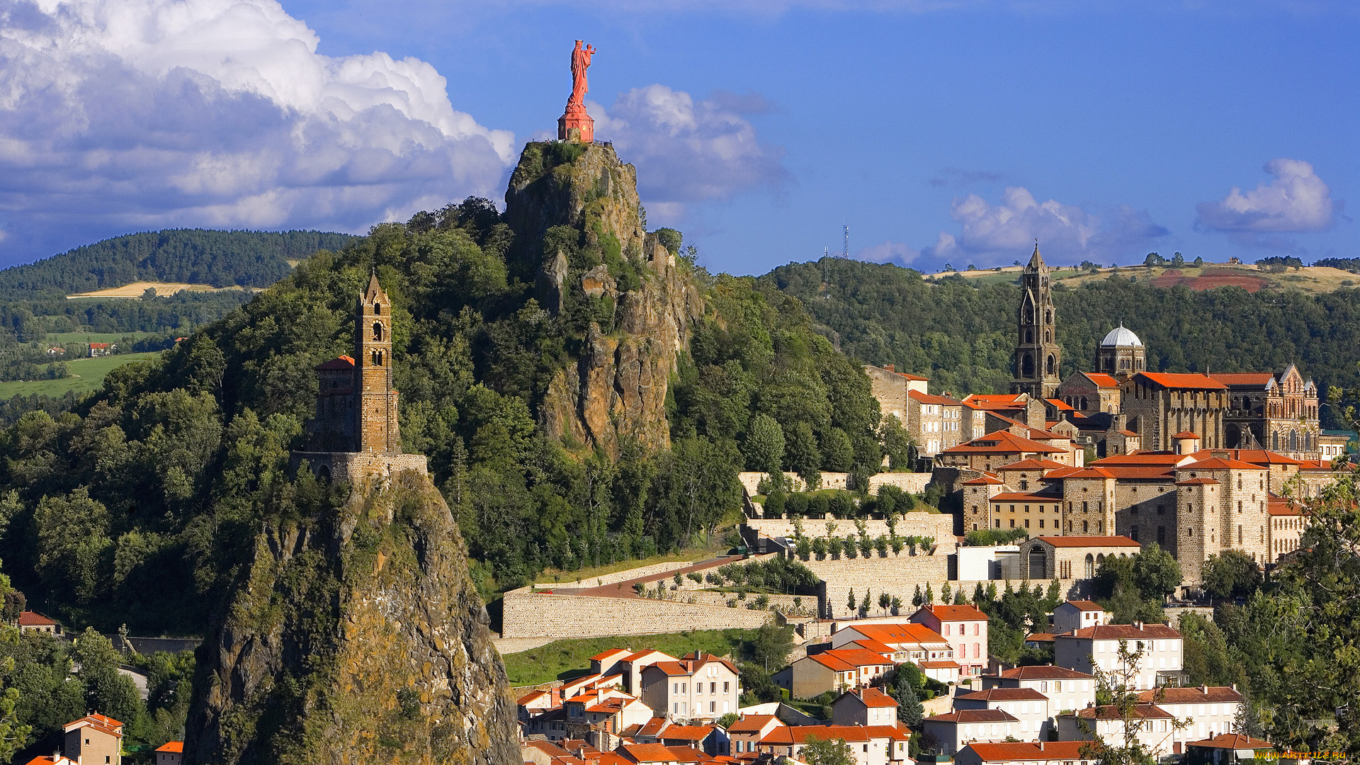 le, puy, en, velay, france, города, пейзажи, puy-en-velay, франция, горы, статуя, здания