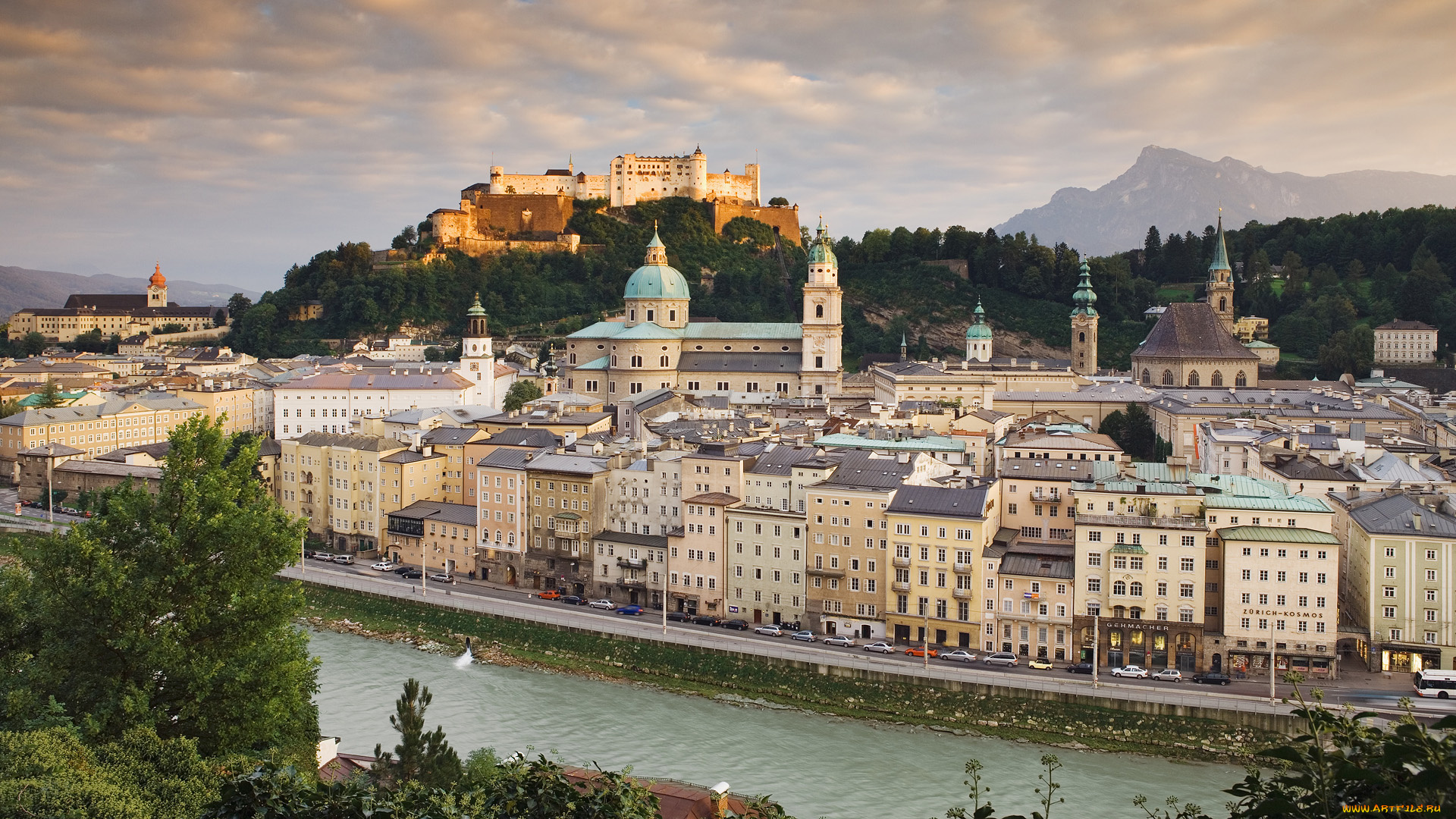 salzburg, austria, города, зальцбург, австрия, река, здания, franziskanerkirche, hohensalzburg, castle