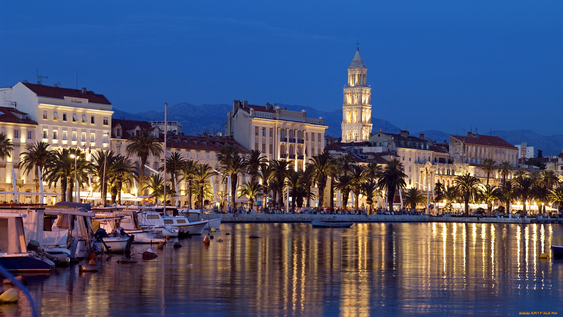 split, croatia, города, огни, ночного, сплит, хорватия, набережная, бухта, катера, лодки, здания, ночной, город, пальмы