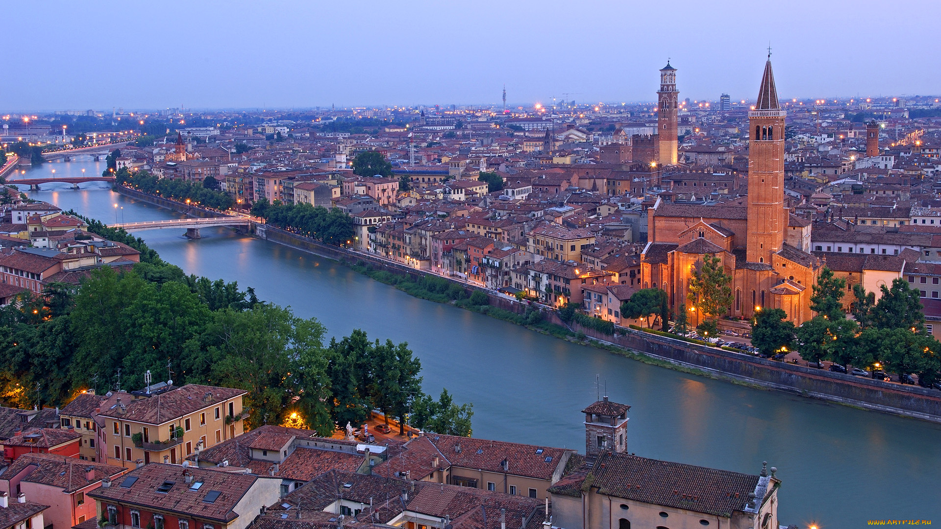 verona, italy, города, панорамы, santa, anastasia, church, torre, dei, lamberti, adige, river, река, мосты, верона, италия