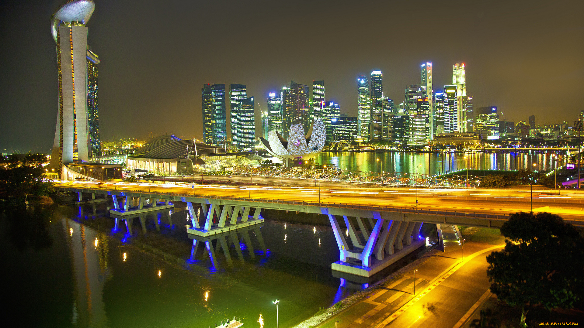 singapore, города, сингапур, небоскребы, ночь, город, мост, огни