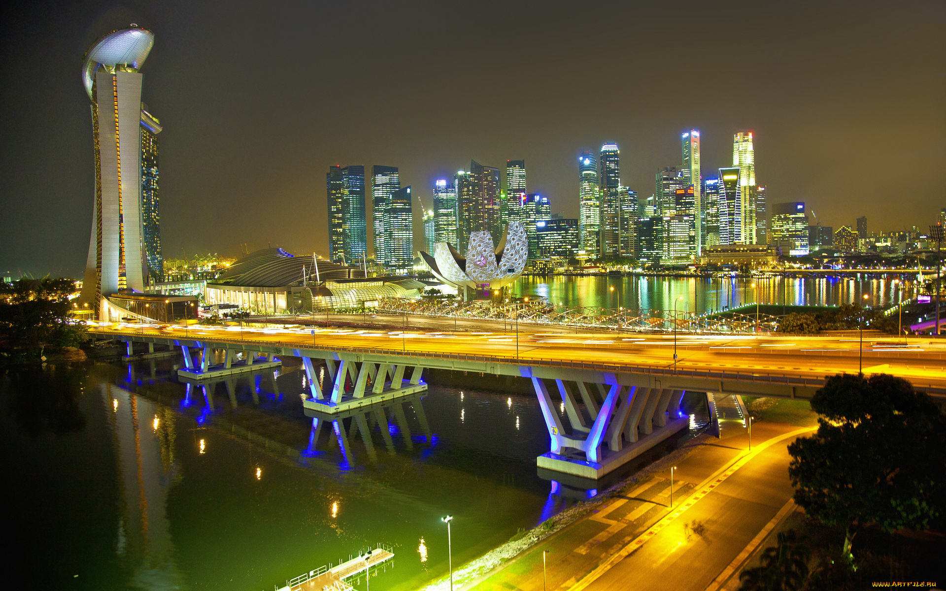 singapore, города, сингапур, небоскребы, ночь, город, мост, огни