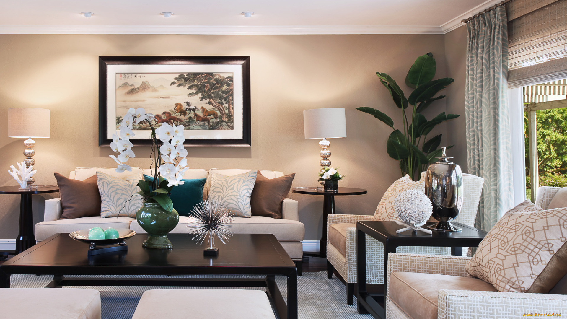 интерьер, гостиная, картина, мебель, дизайн, стиль, орхидея, цветы