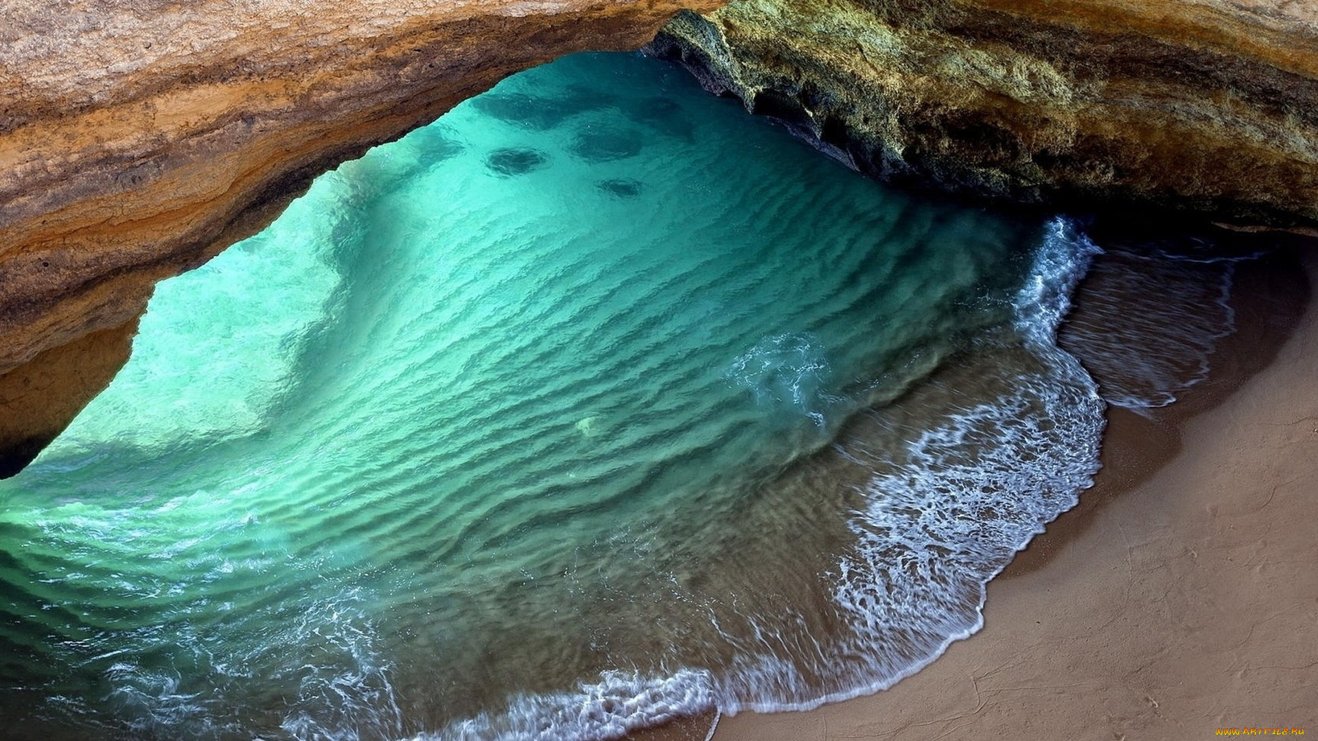 природа, побережье, скала, пещера, прибой, песок, вода, берег