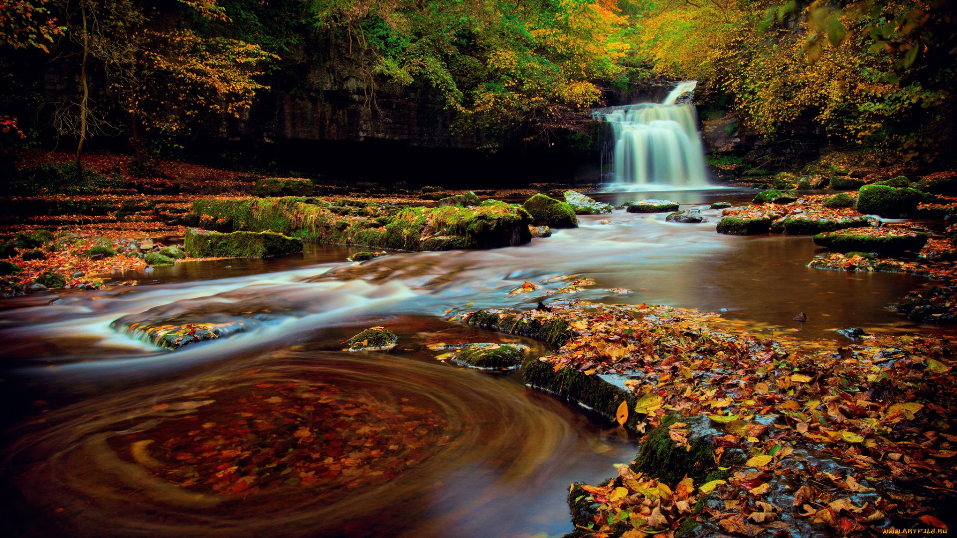 природа, водопады, северная, англия, йоркшир, лес, водопад, осень, октябрь, выдержка, листва