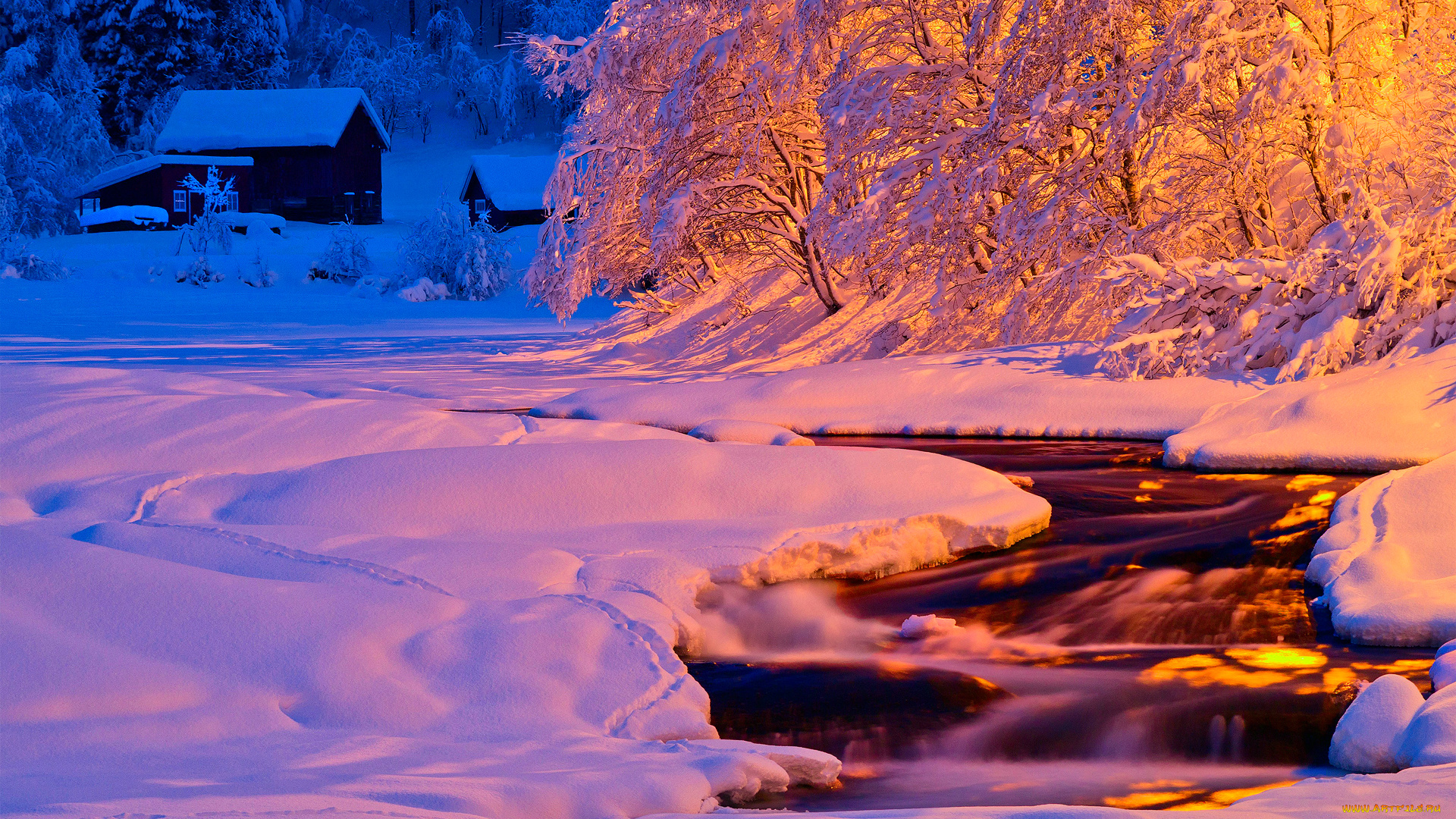 природа, зима, вечер, снег, поток, река, свет, ночь