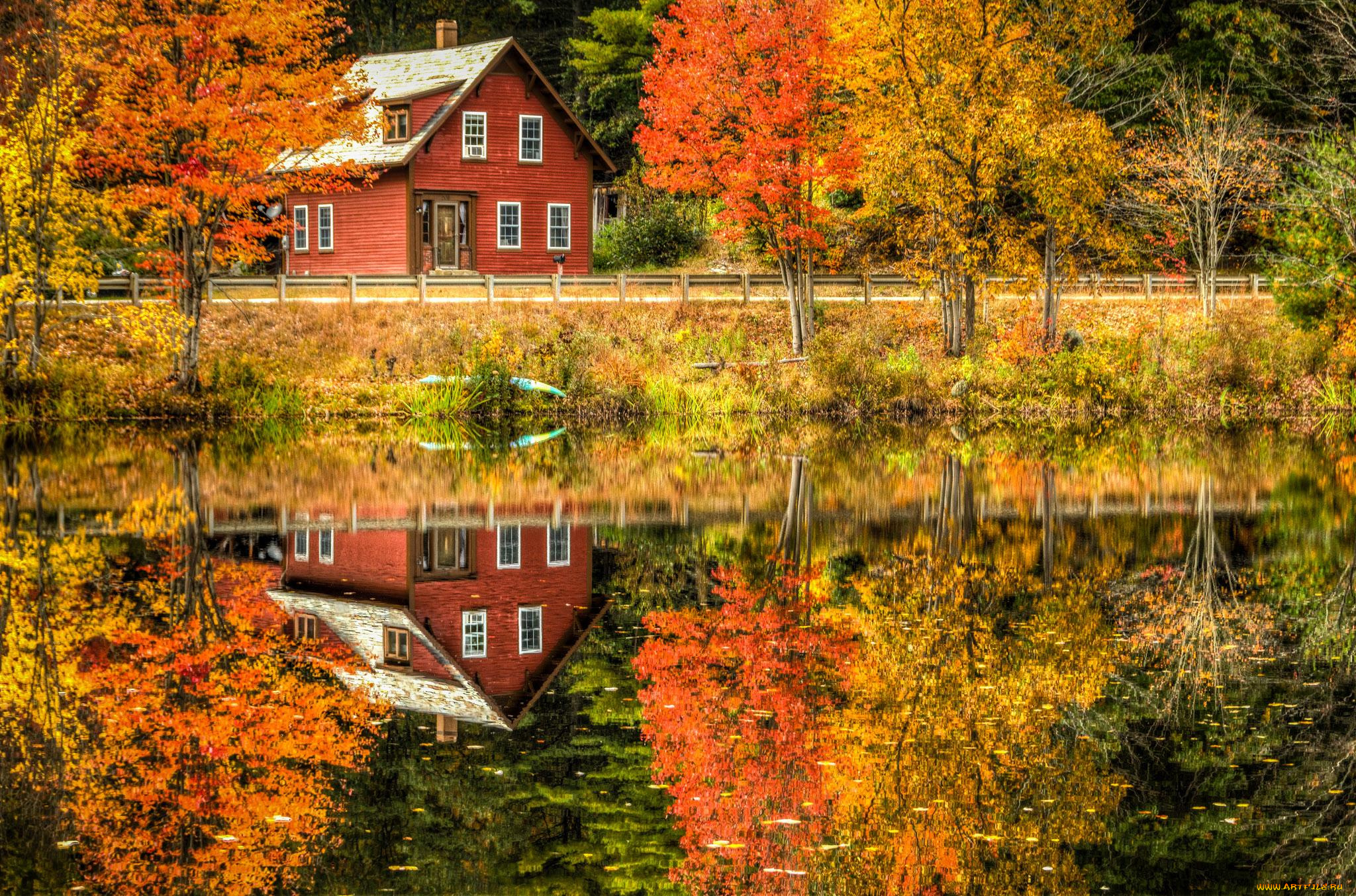 природа, реки, озера, осень, тишина, озеро, отражение, листья, парк, деревья, дом