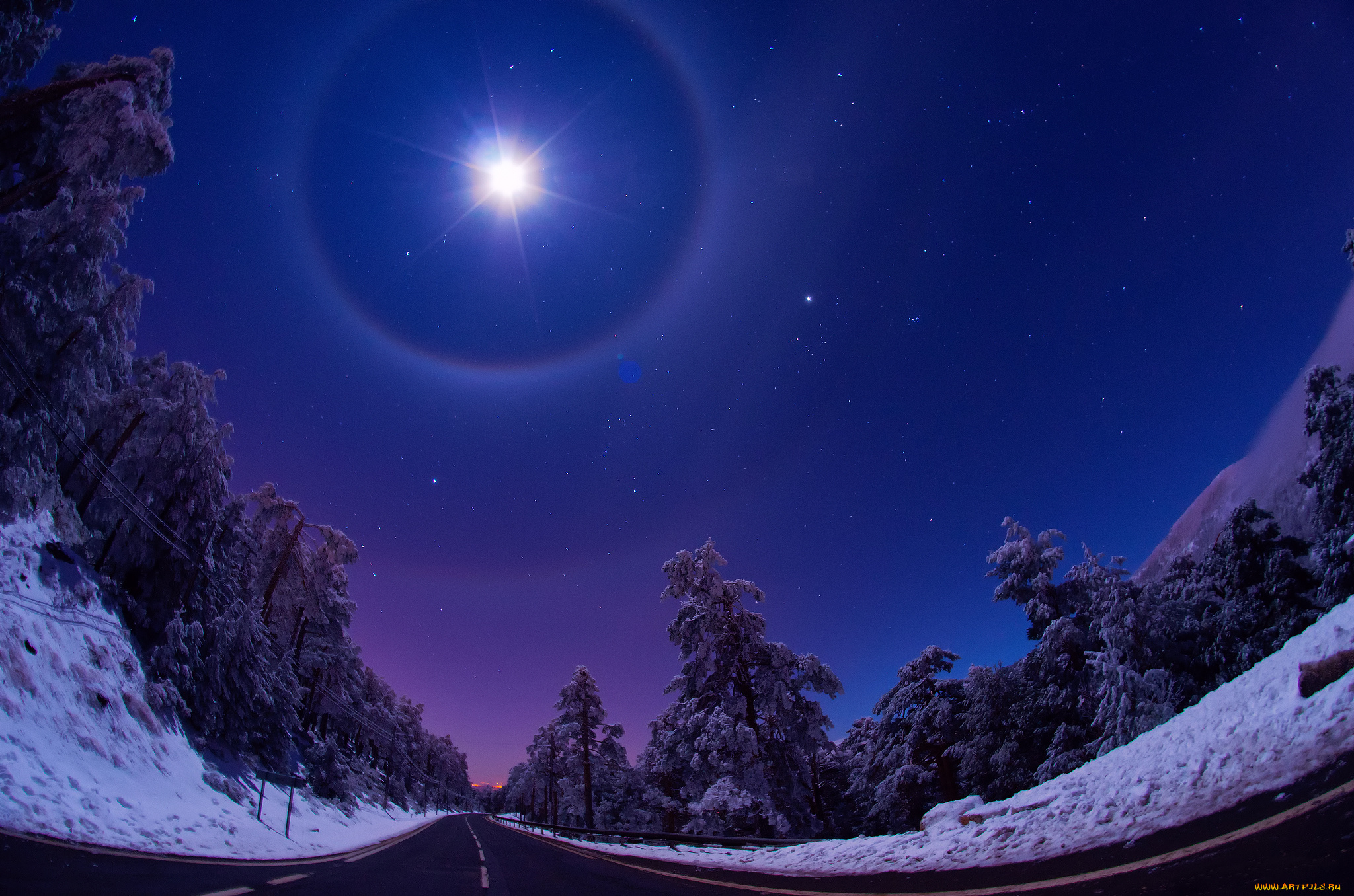 природа, дороги, зима, ночь, небо, луна, свет, звезды, дорога, лес, снег