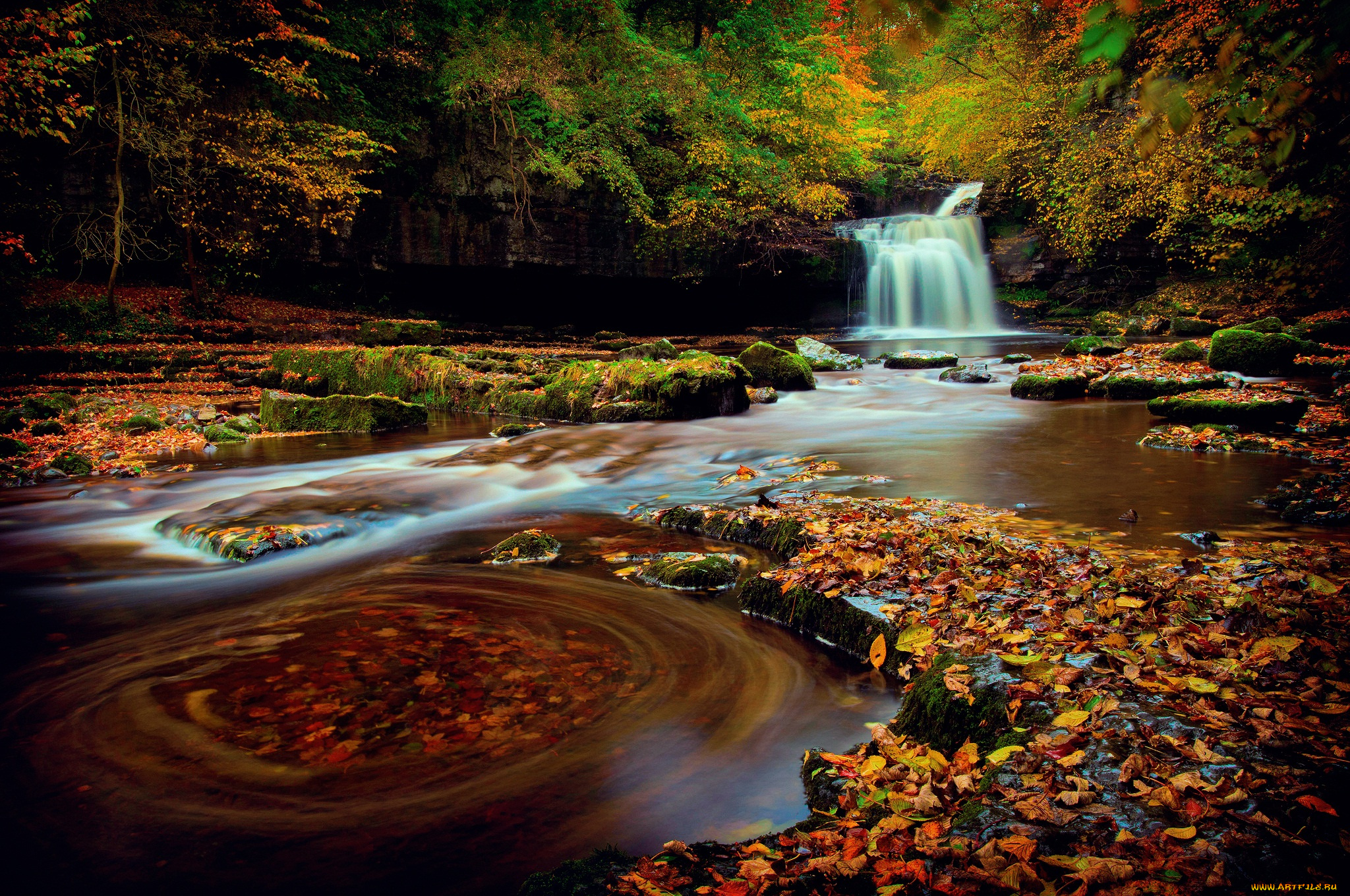 природа, водопады, северная, англия, йоркшир, лес, водопад, осень, октябрь, выдержка, листва