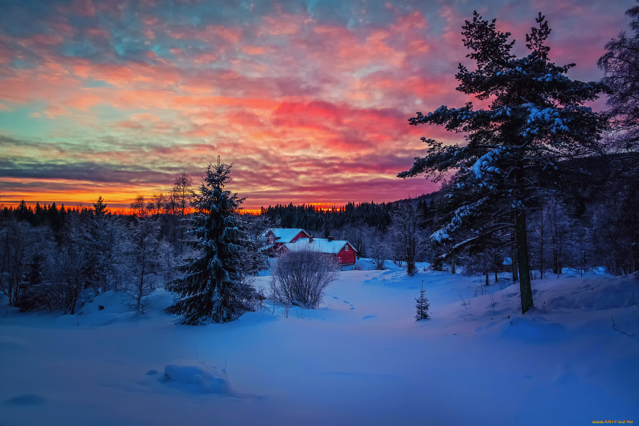 природа, зима, небо, облака, закат, вечер, краски, снег, лес, дом