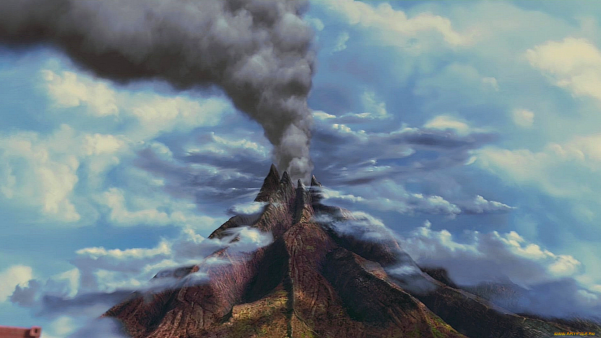 рисованное, природа, вулкан, извержение, облака
