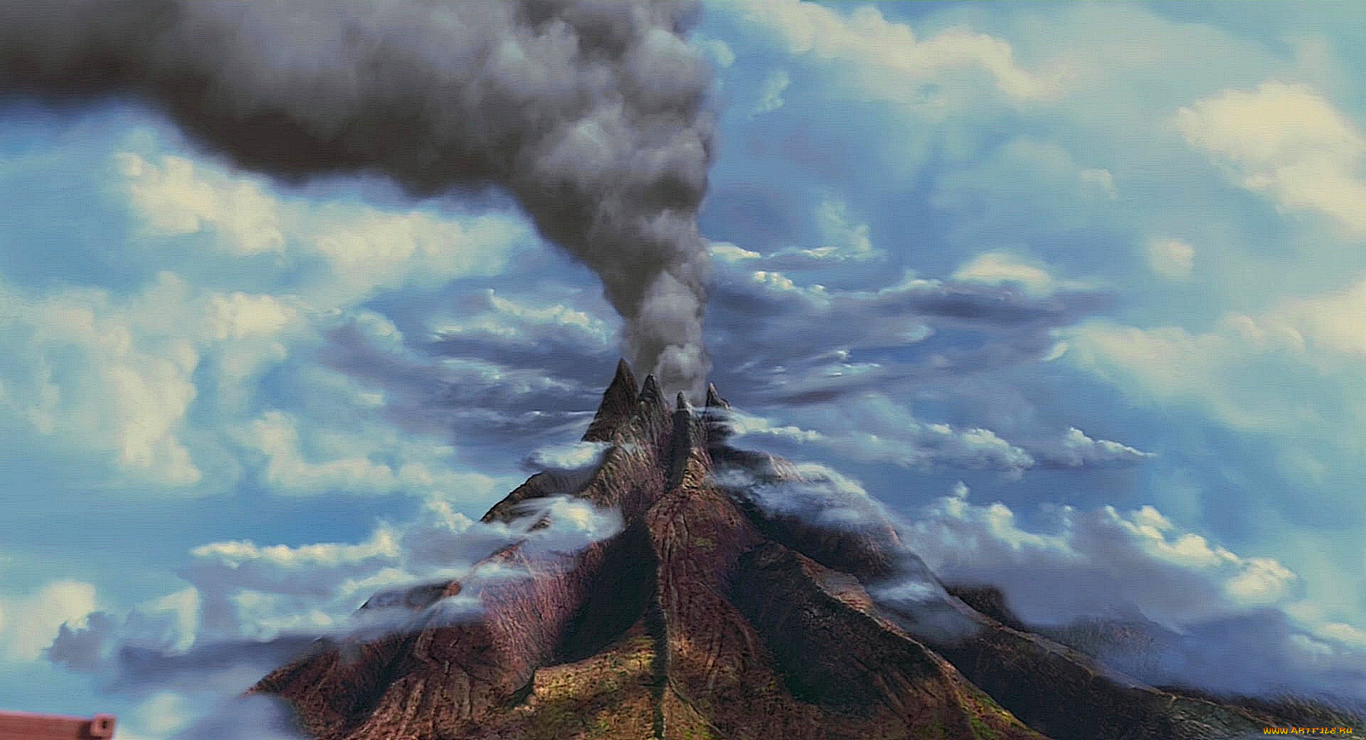 рисованное, природа, вулкан, извержение, облака
