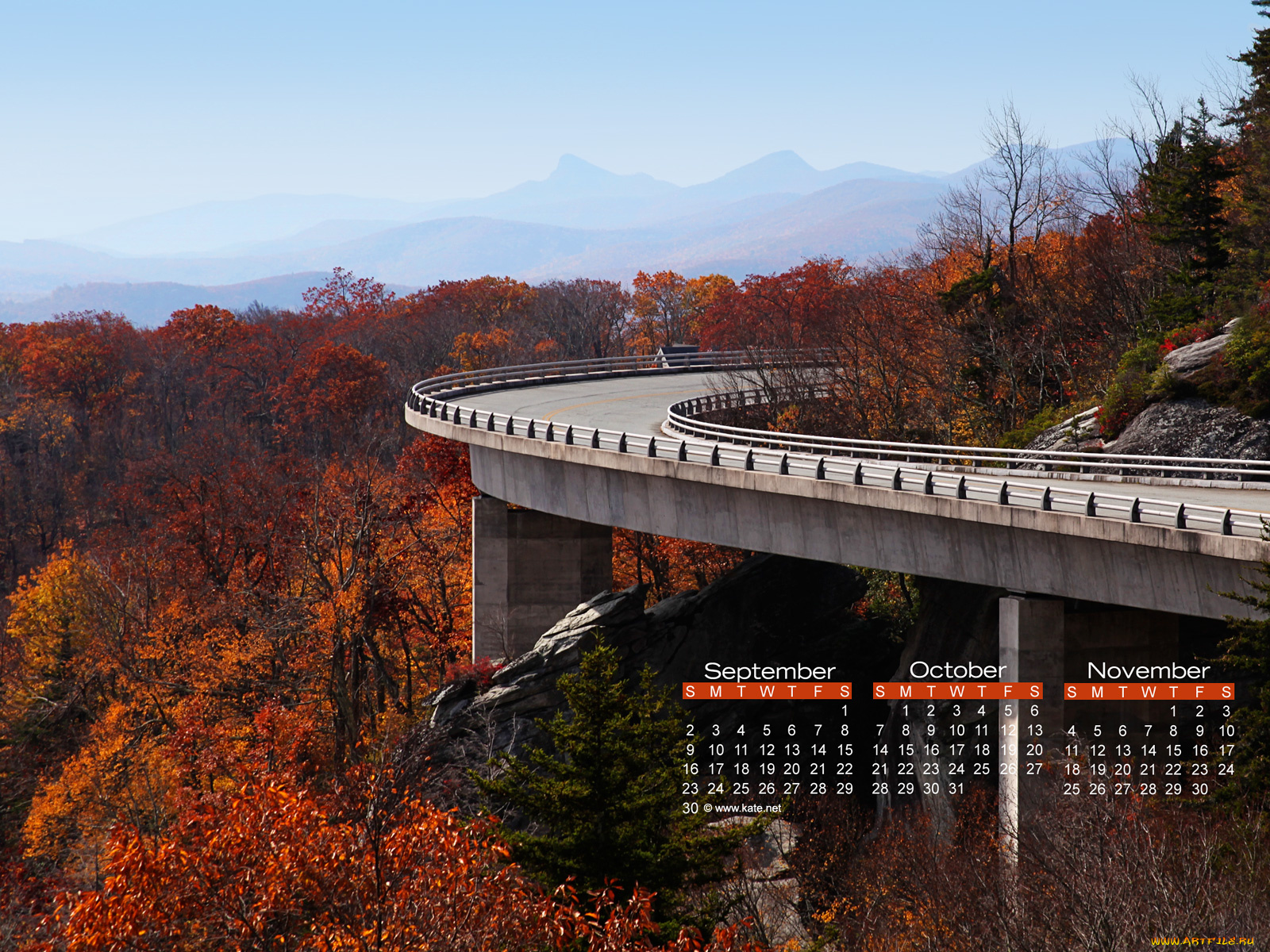 календари, города, дорога, мост, осень