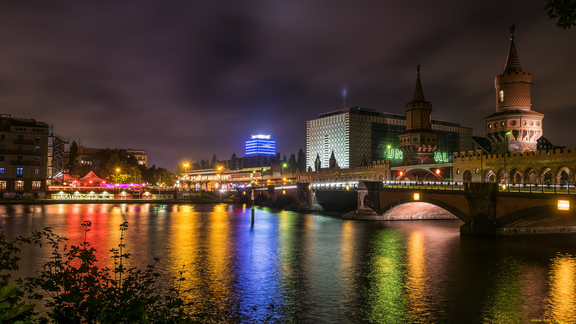 berlin, города, берлин, , германия, ночь, мост, башни, река