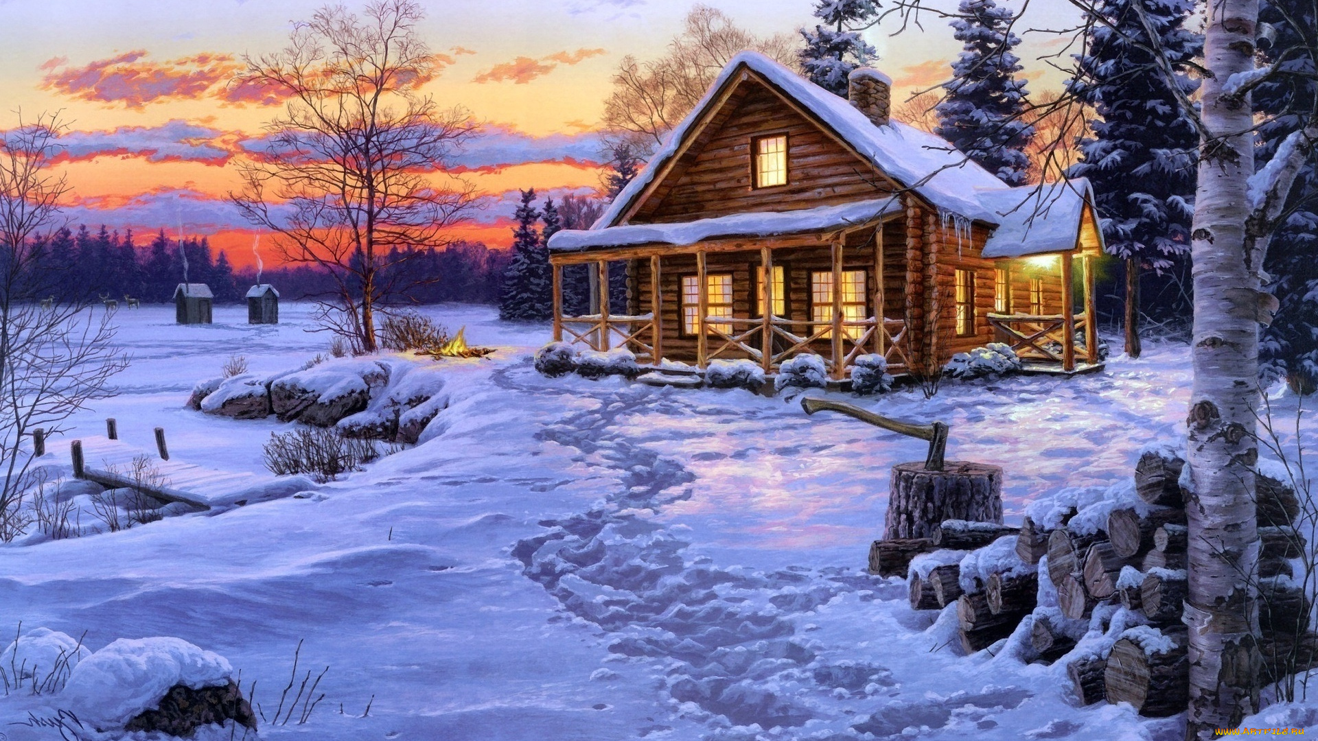 рисованное, живопись, небо, огни, дом, следы, снег, зима