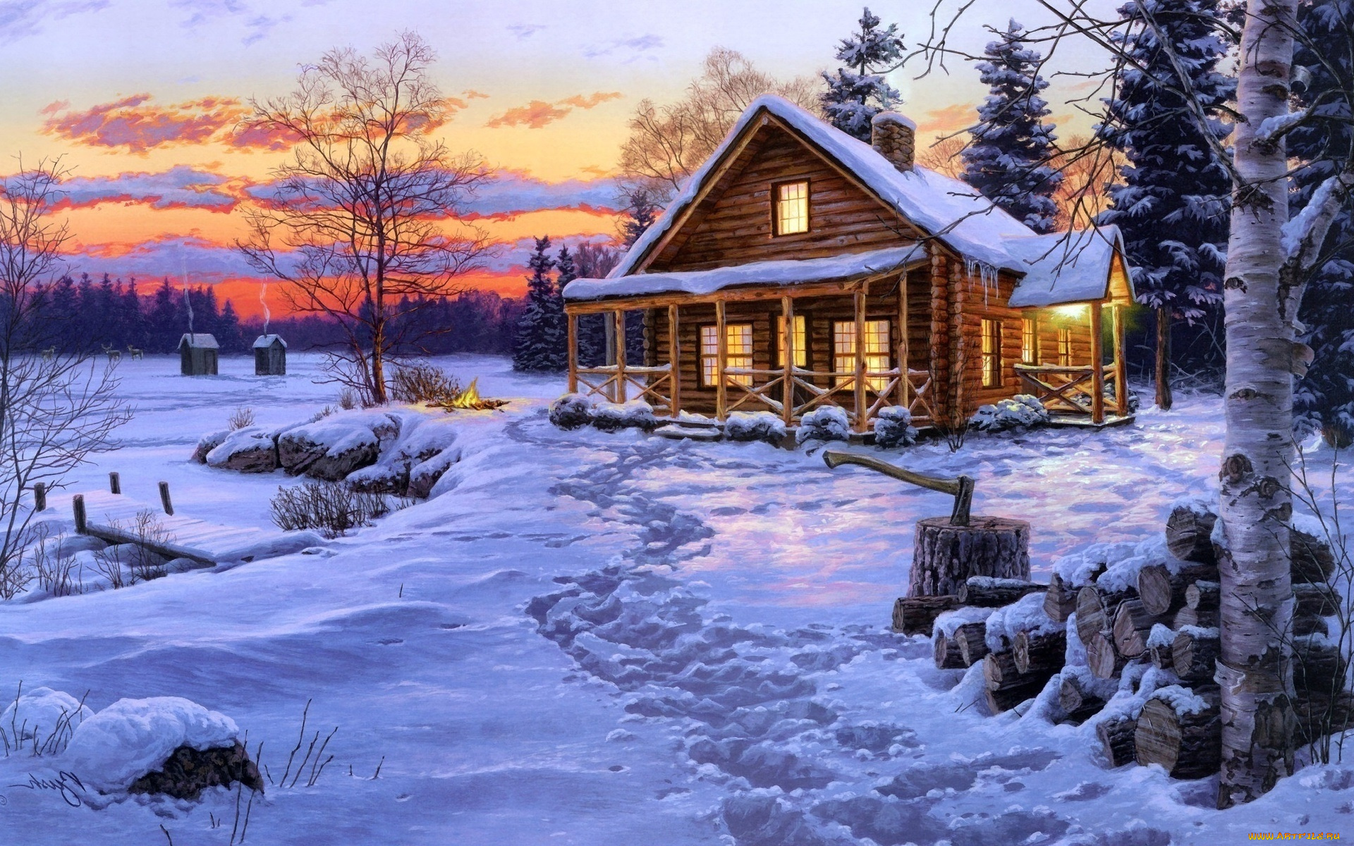 рисованное, живопись, небо, огни, дом, следы, снег, зима