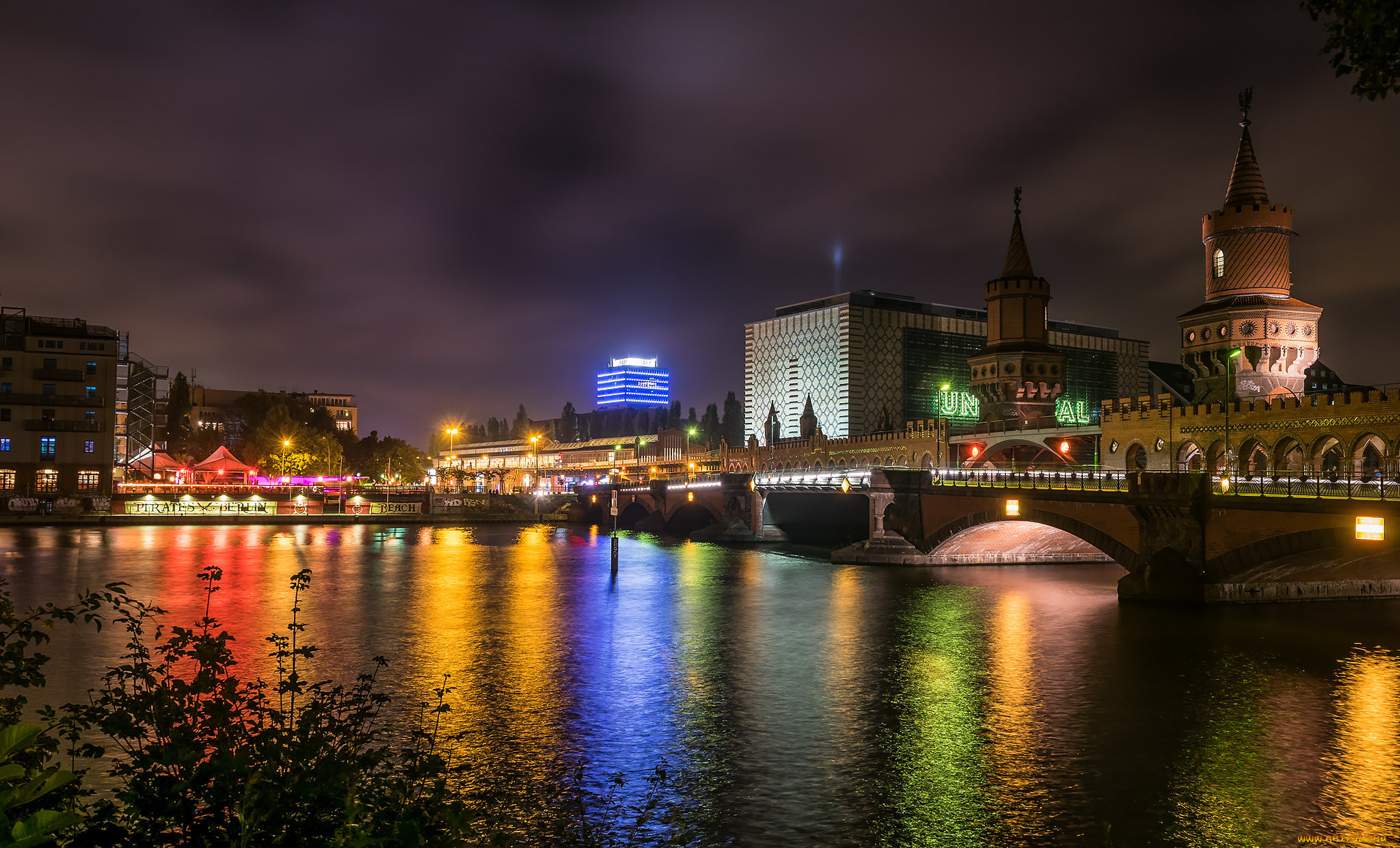 berlin, города, берлин, , германия, ночь, мост, башни, река