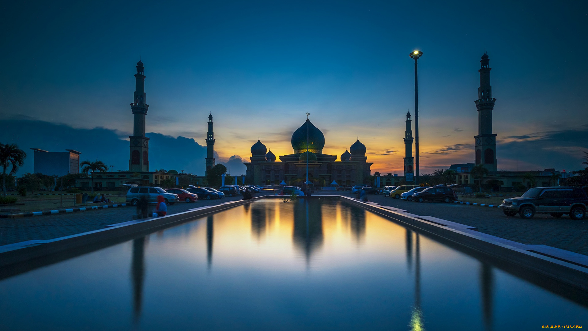 города, -, мечети, , медресе, пеканбару, масджид, ар-рахман, мечеть, вечер, закат, landmark, индонезия