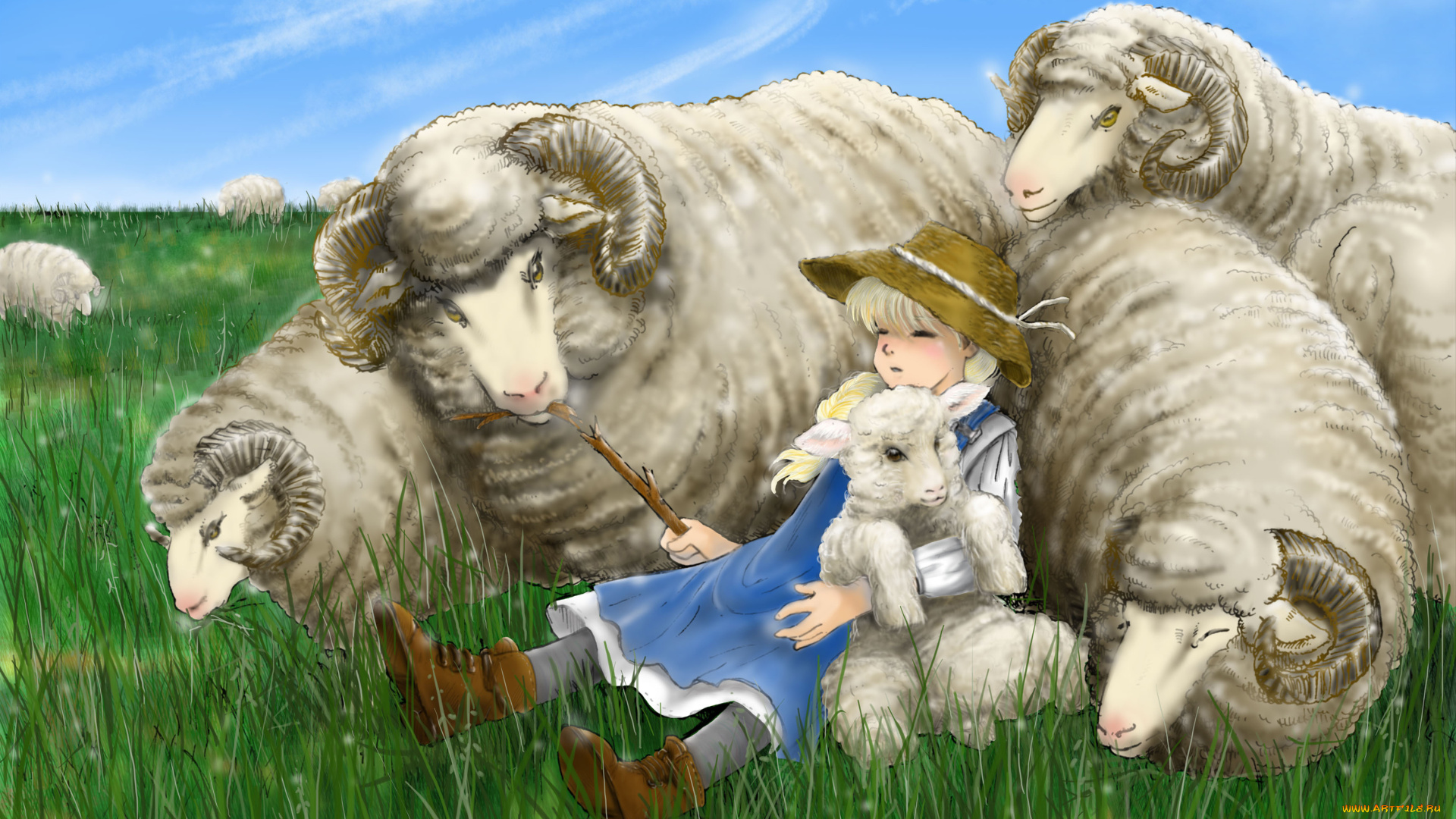 рисованное, дети, пастушка, небо, трава, луг, шляпа, рога, овечки, сон