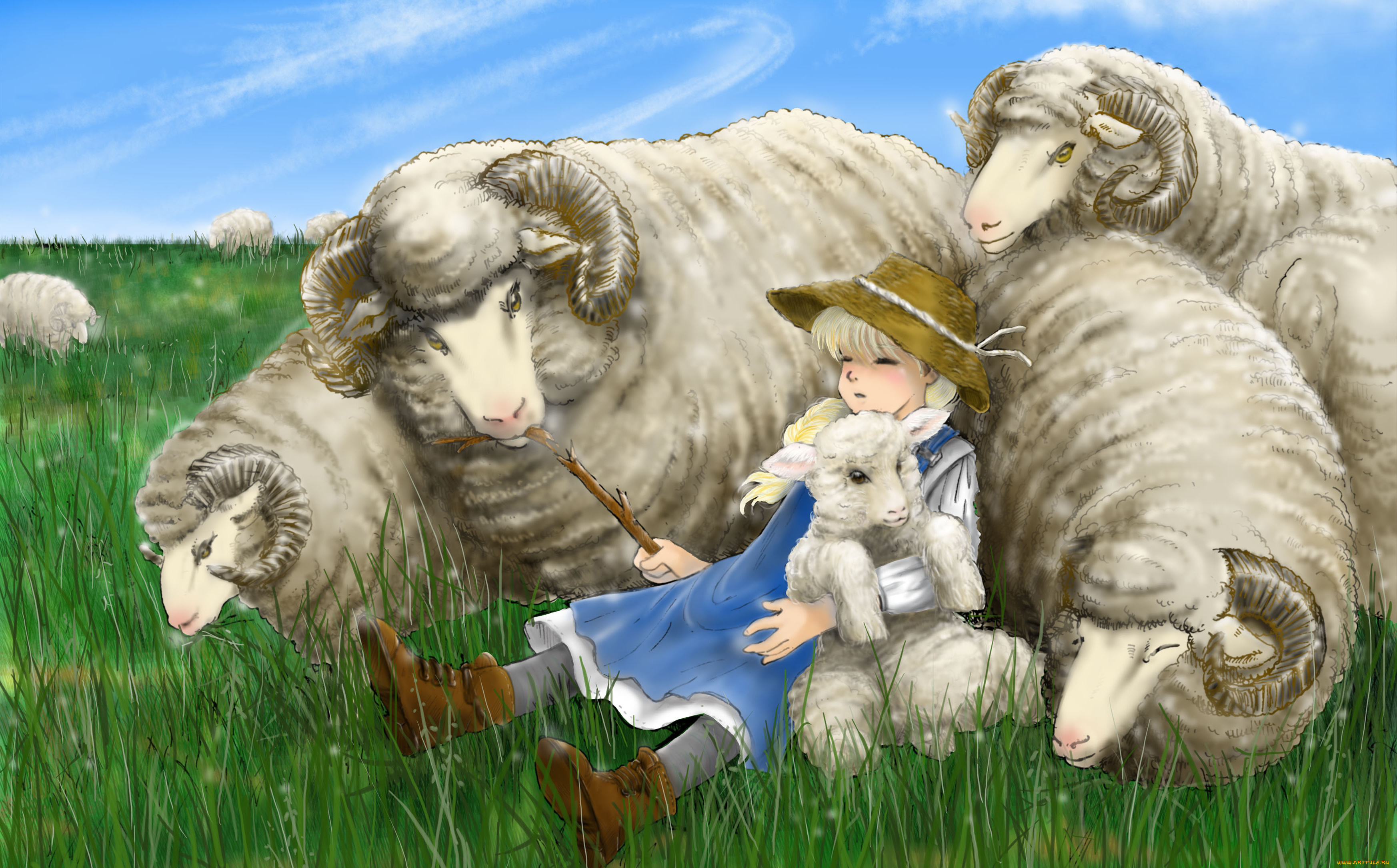 рисованное, дети, пастушка, небо, трава, луг, шляпа, рога, овечки, сон