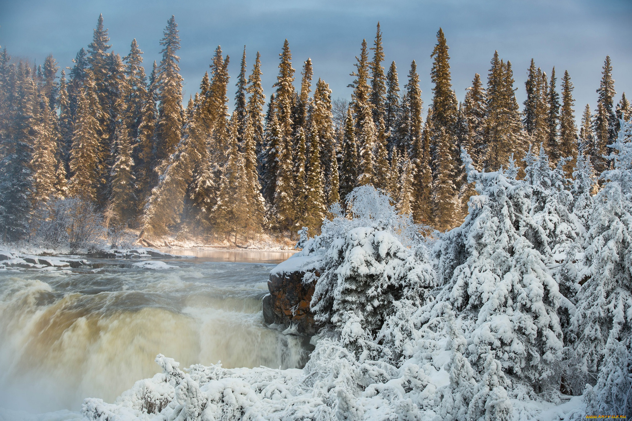 природа, реки, озера, зима, водопад, manitoba, pisew, falls, provincial, park, ели, canada, лес, канада, река, манитоба