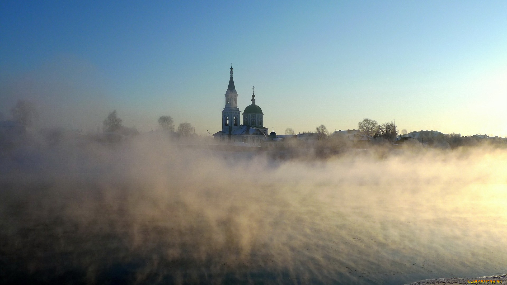 города, -, православные, церкви, , монастыри, рoссия, пейзаж, архитектура, здание, старое, деревья, церковь, собор, туман, утро, ясное, небо, крест, холод, на, улице, мороз, зима