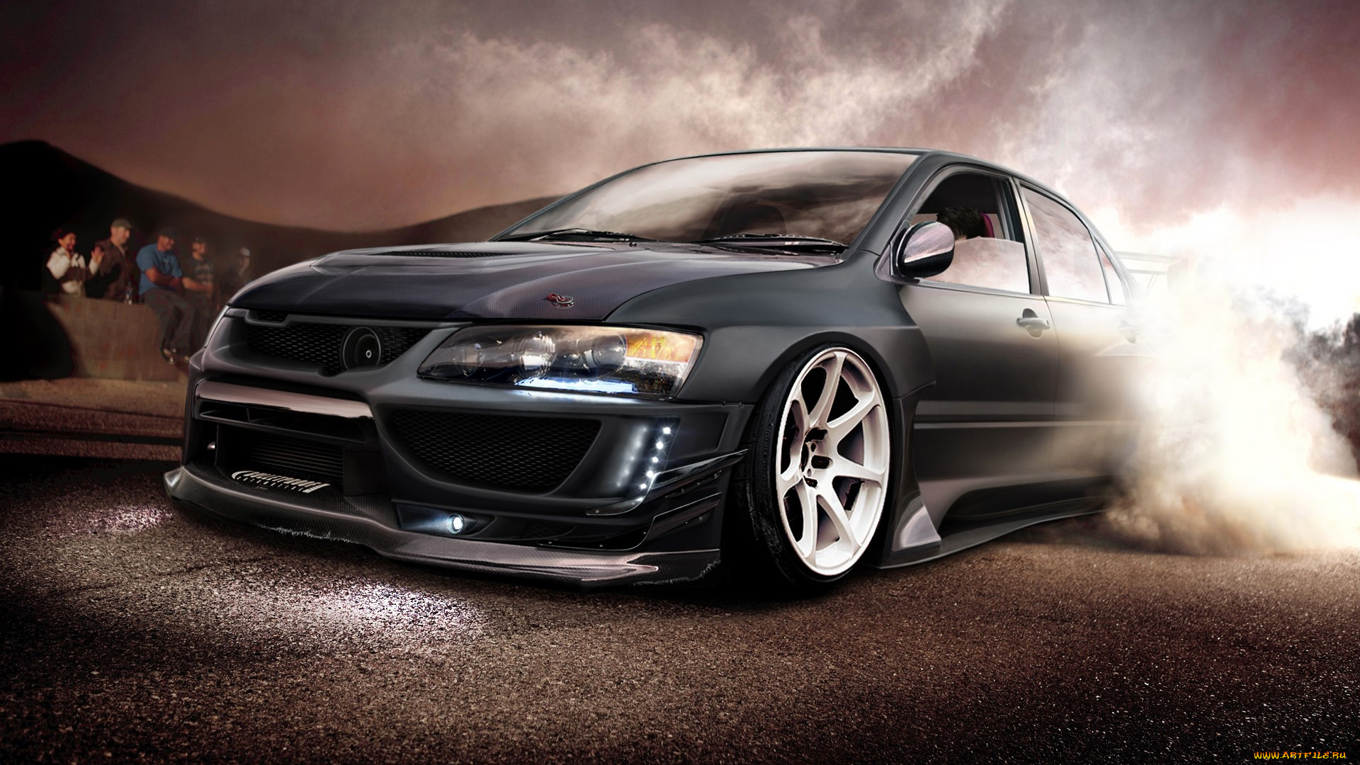 mitsubishi, lancer, evolution, автомобили, mitsubishi, черный, дрифт, дым, люди