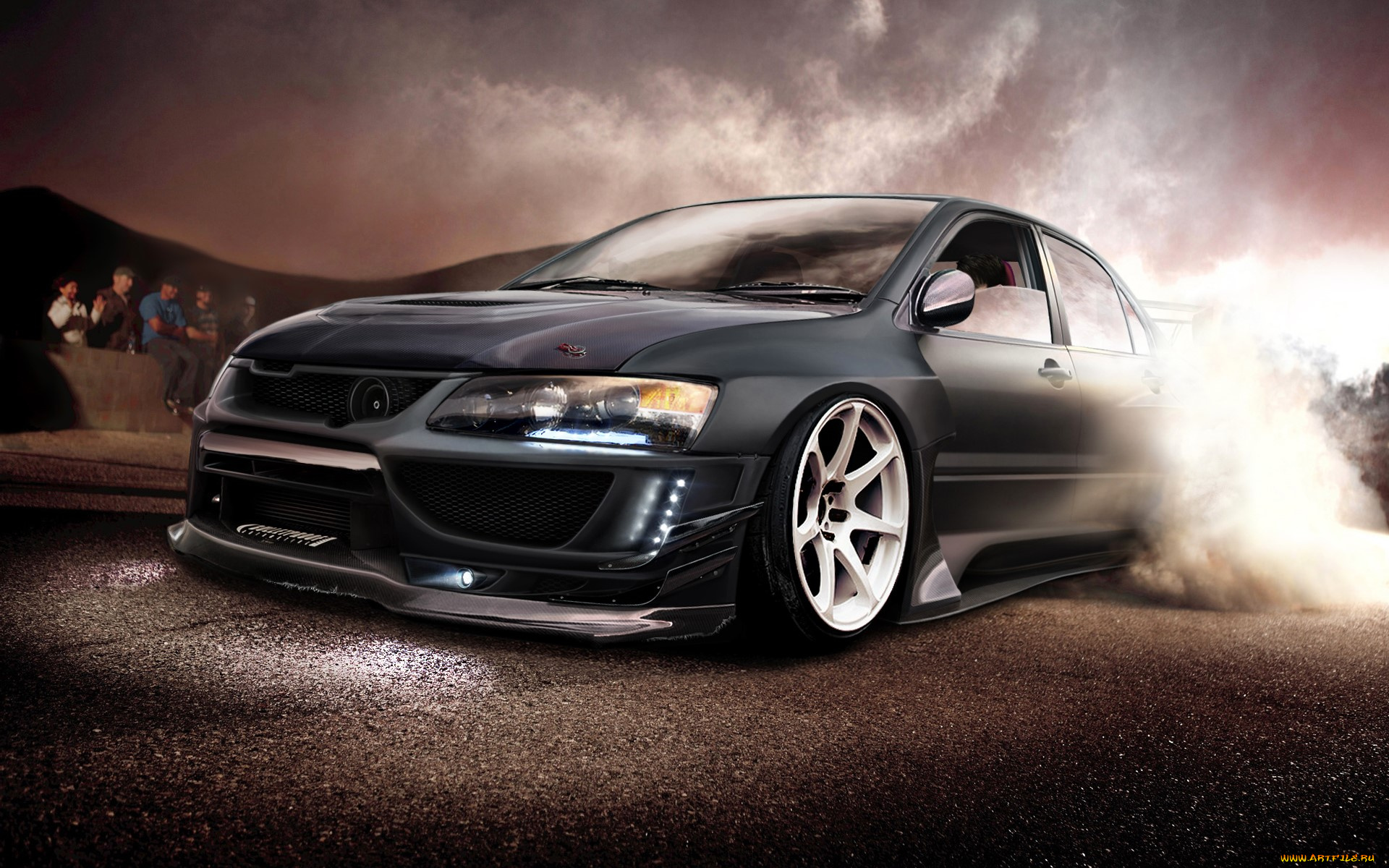 mitsubishi, lancer, evolution, автомобили, mitsubishi, черный, дрифт, дым, люди