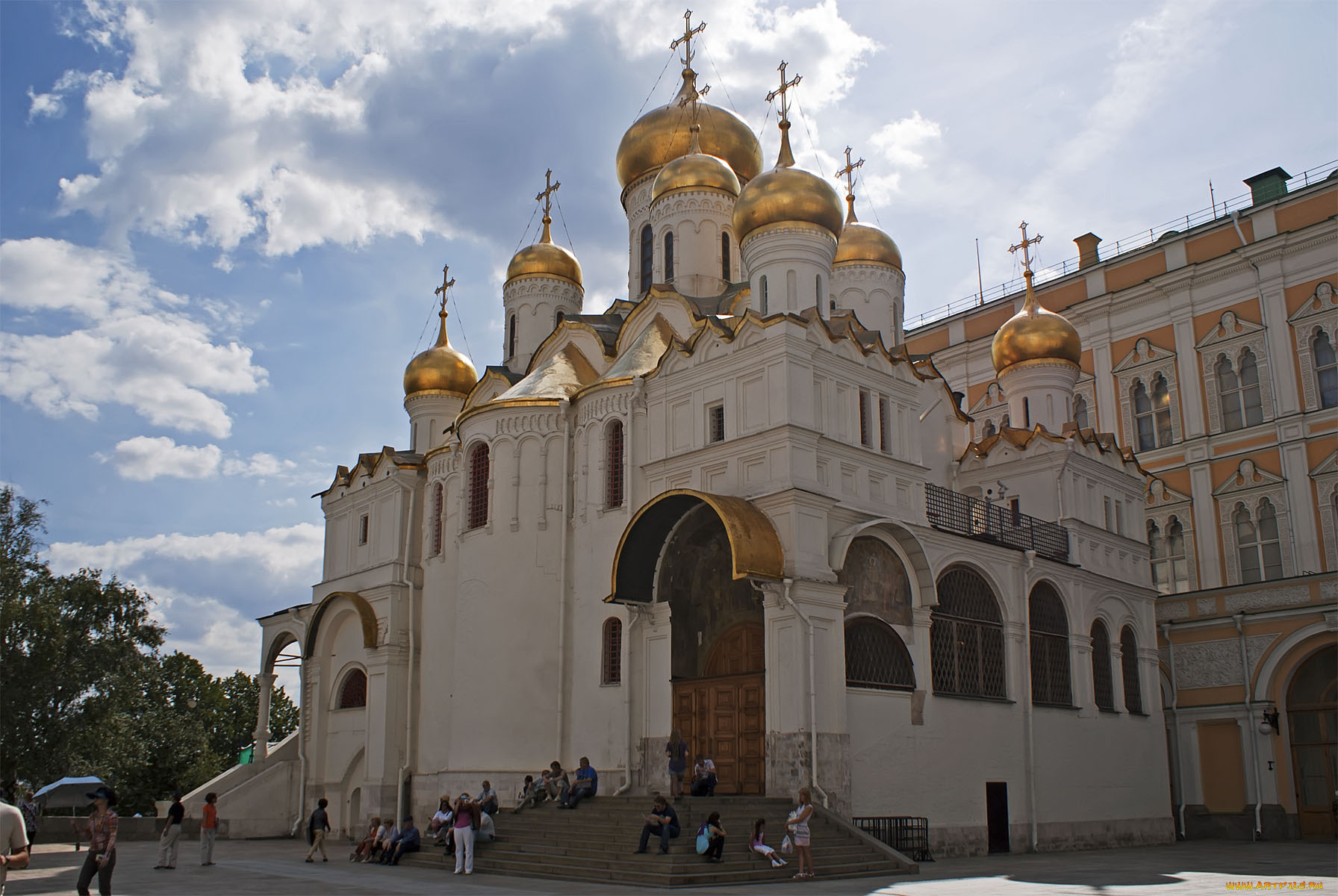 благовещенский, собор, города, москва, россия, облака, деревья